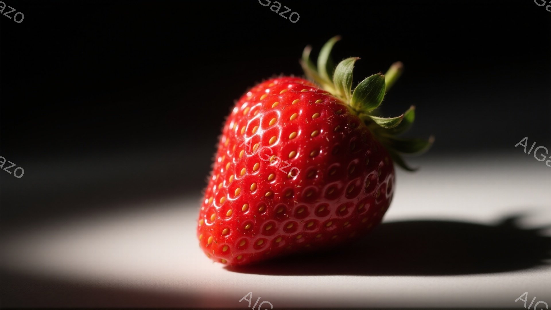 鮮やかな赤いイチゴが、白い背景にスポットライトを浴びて際立っている。表面には小さな種がびっしりと並び、瑞々しさを感じさせる。強い光と影のコントラストが、イチゴの丸みを強調し、まるで宝石のように輝いてい - AI生成フリー素材