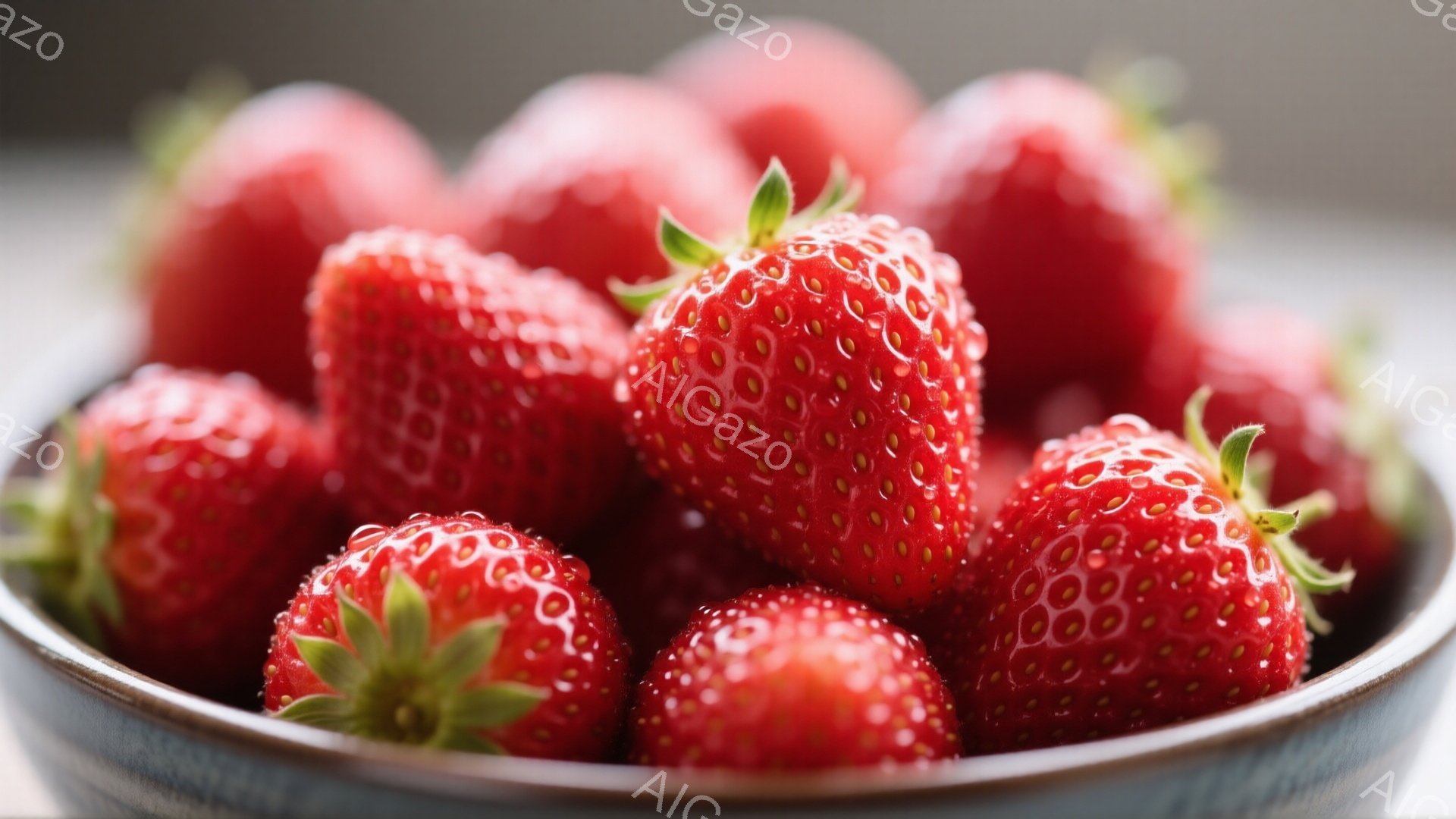 鮮やかな赤いイチゴが、青いボウルにぎっしりと詰まっています。イチゴはみずみずしく、表面には細かい種が見られ、緑色の葉が鮮やかなアクセントになっています。背景はぼやけており、イチゴが主役となり、瑞々しい - AI生成フリー素材