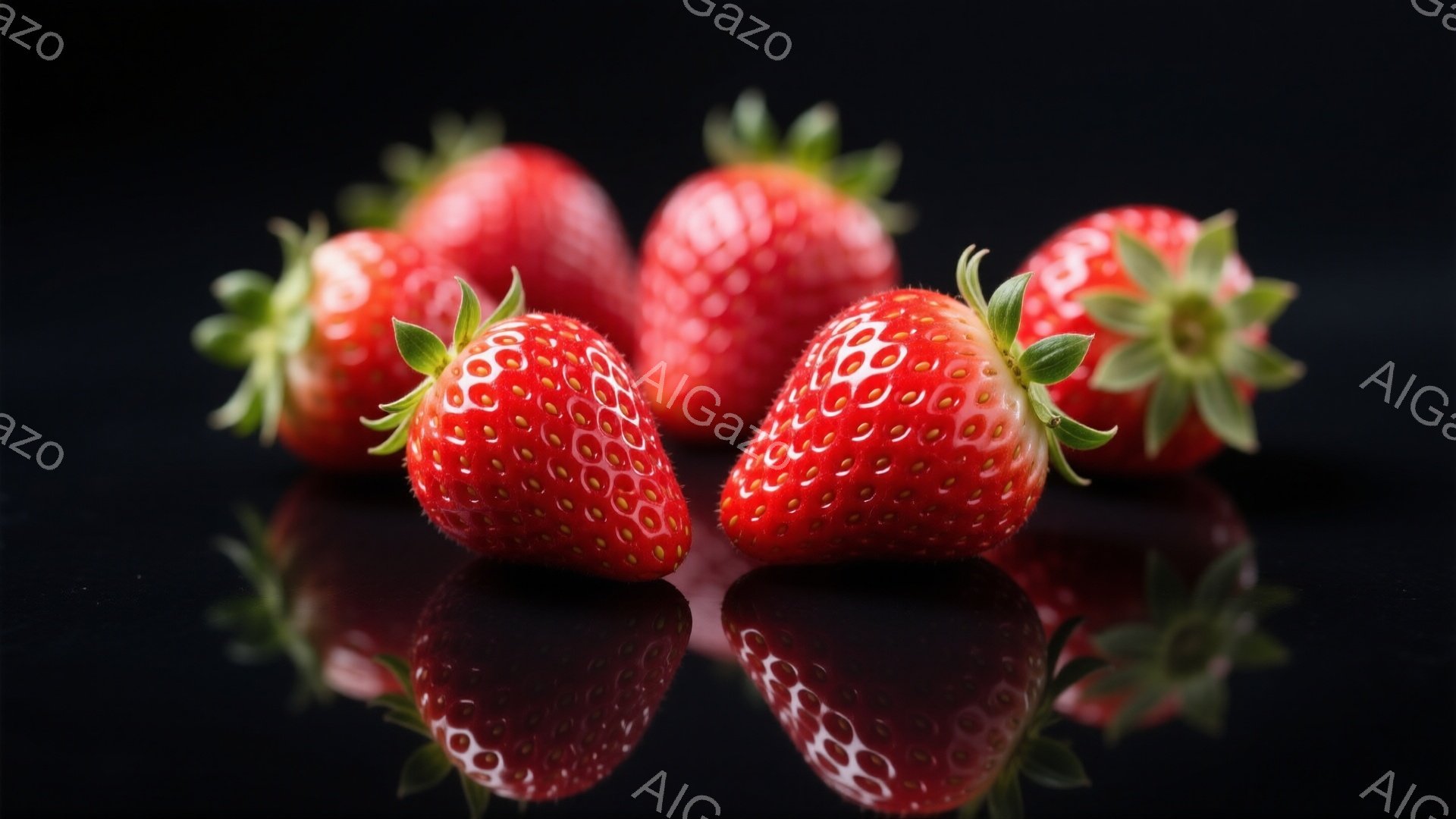 鮮やかな赤いイチゴが五つ、黒い背景に配置され、それぞれが反射して鏡面のように見えています。イチゴは瑞々しく、表面には種が密集しており、緑色の葉が鮮やかなアクセントになっています。全体的に、洗練された、鮮やかで、食欲をそそる雰囲気です。
