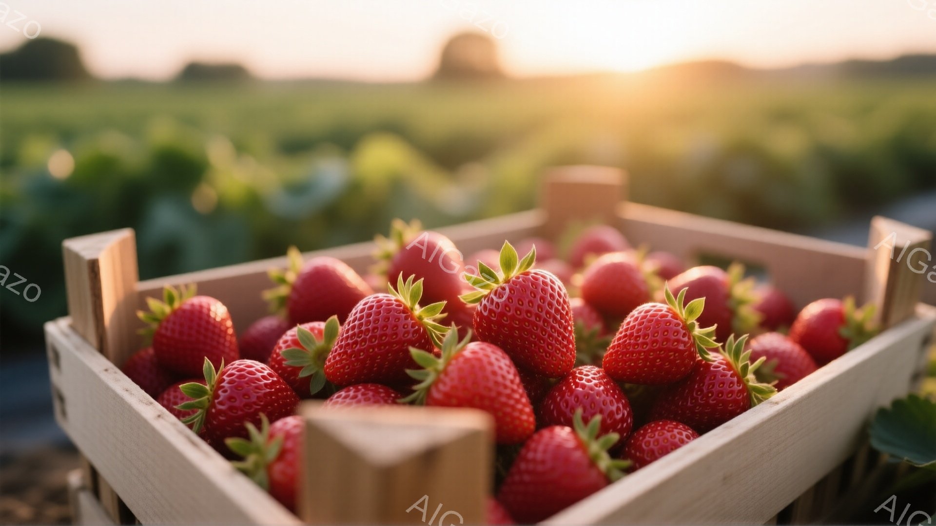 赤く熟したイチゴが、木製の箱にぎっしりと詰まっています。背景には緑豊かな畑が広がり、夕焼けのような暖かい光が差し込んでいます。イチゴの鮮やかな赤色と背景の緑、そして夕焼けのオレンジ色が調和し、穏やかで収穫の喜びを感じさせる雰囲気です。