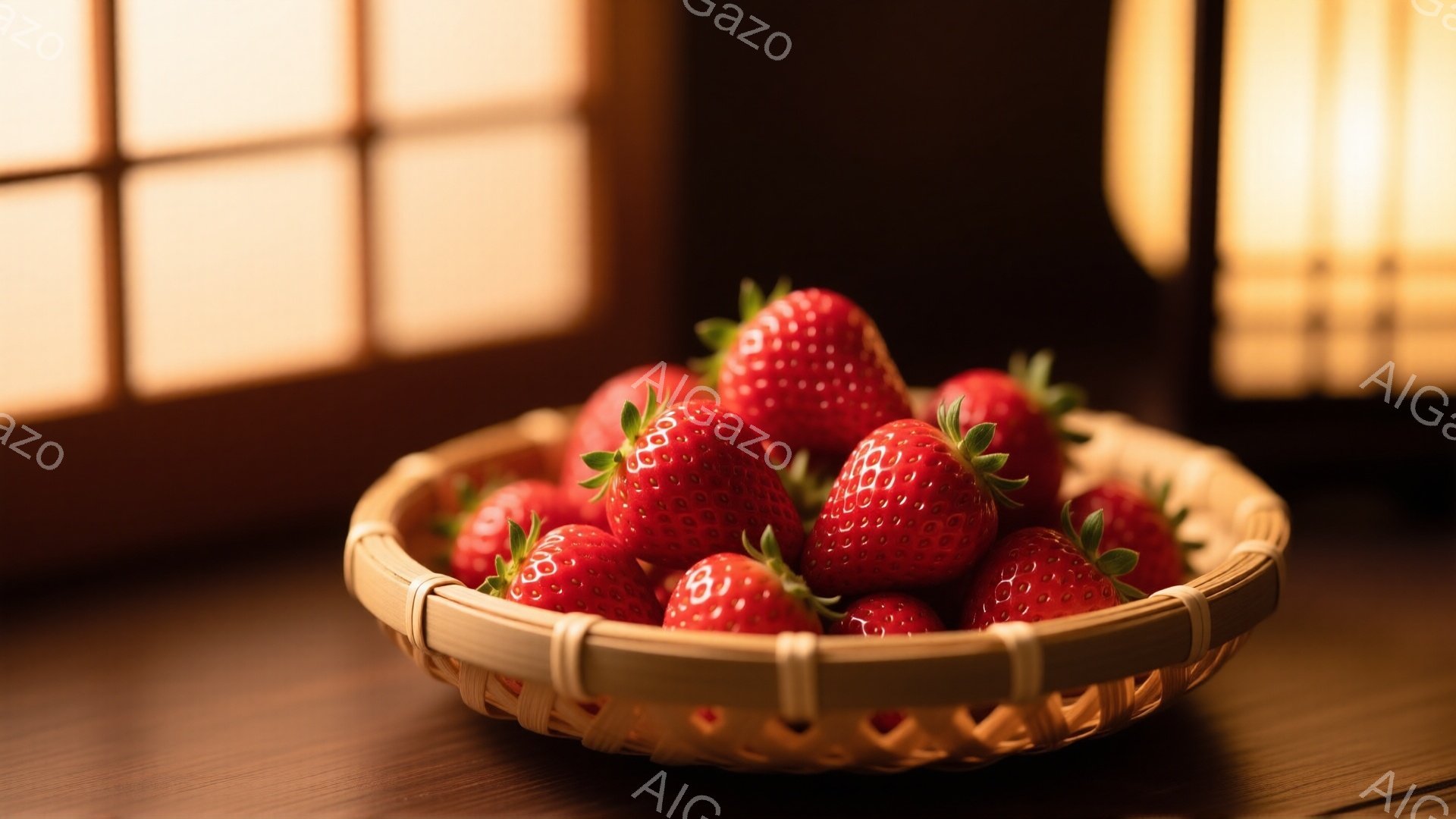 籠の中に真っ赤なイチゴがぎっしりと詰まっており、葉っぱが緑色のアクセントになっている。木製のテーブルの上に置かれ、背景には柔らかな光が差し込む障子が見える。全体的に温かく、素朴な雰囲気で、新鮮なフルーツの美味しさが伝わってくる。
