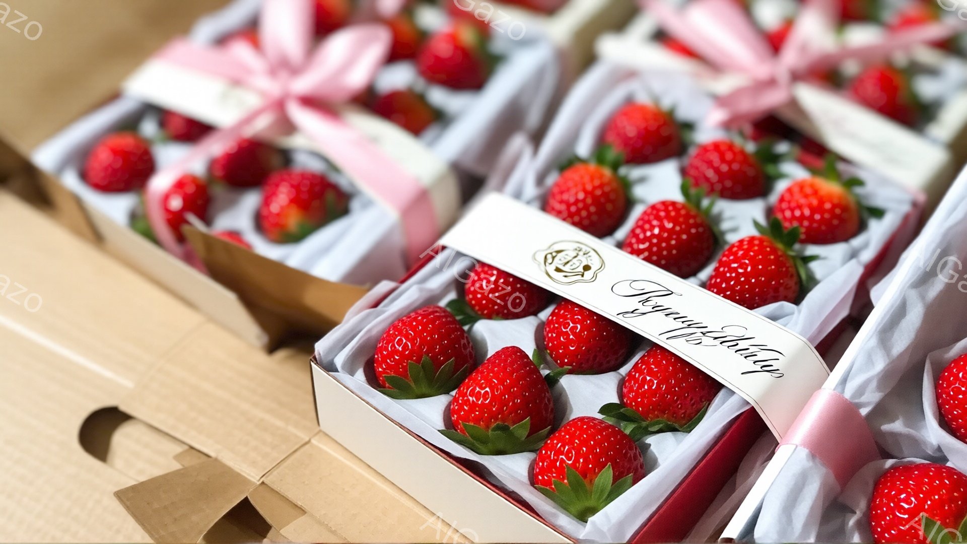 鮮やかな赤いイチゴが、白い箱に綺麗に並べられています。各箱はピンクのリボンで結ばれ、上品な印象を与えています。背景には木製の床が見え、イチゴの鮮やかさを引き立てています。