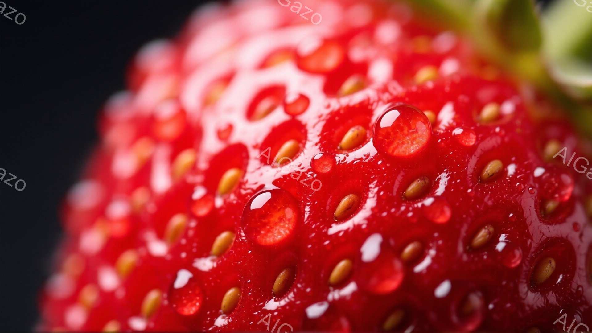 鮮やかな赤いイチゴがクローズアップで捉えられており、表面には水滴が輝いている。種子は細かく、黄色がかった茶色で、イチゴの赤い背景とコントラストをなしている。背景は暗く、イチゴが際立って見えるように工夫 - AI生成フリー素材