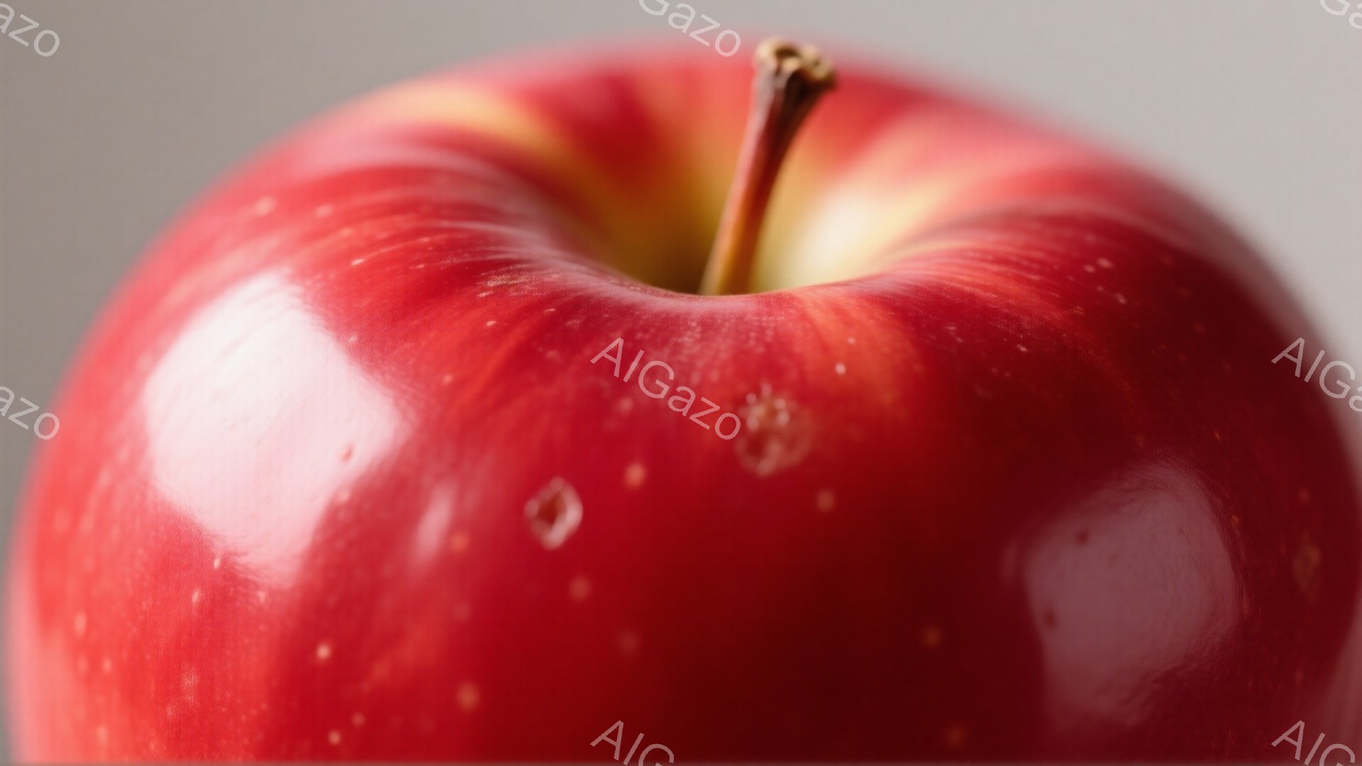 真っ赤なリンゴが画面いっぱいに広がっており、表面には水滴が光って見える。リンゴのてっぺんには短く茶色い軸が残っており、全体的に瑞々しく新鮮な印象を受ける。背景はぼかされており、リンゴが際立って見える。
