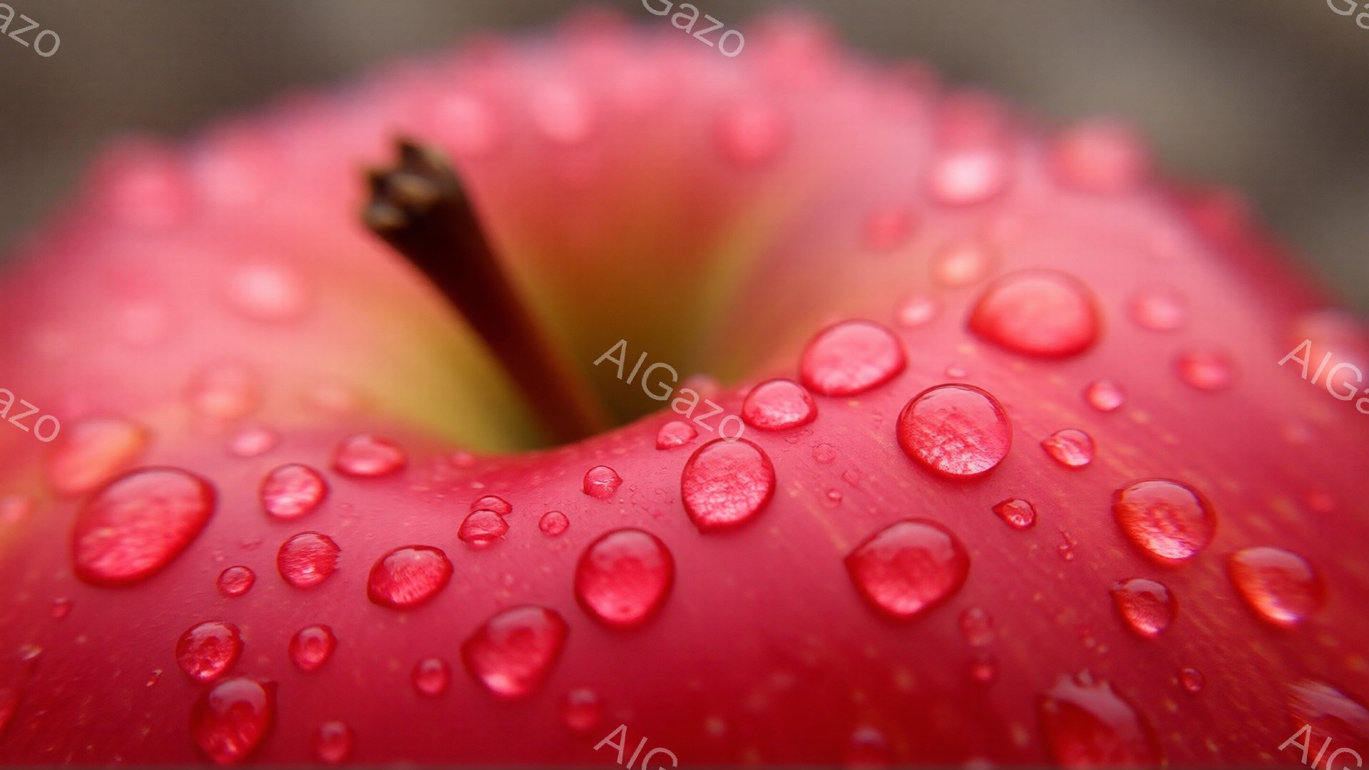 真っ赤なリンゴが水滴で覆われているクローズアップ写真です。水滴はリンゴの表面で光を反射し、宝石のように輝いています。背景はぼやけており、リンゴが主な焦点となっています。 - AI生成フリー素材