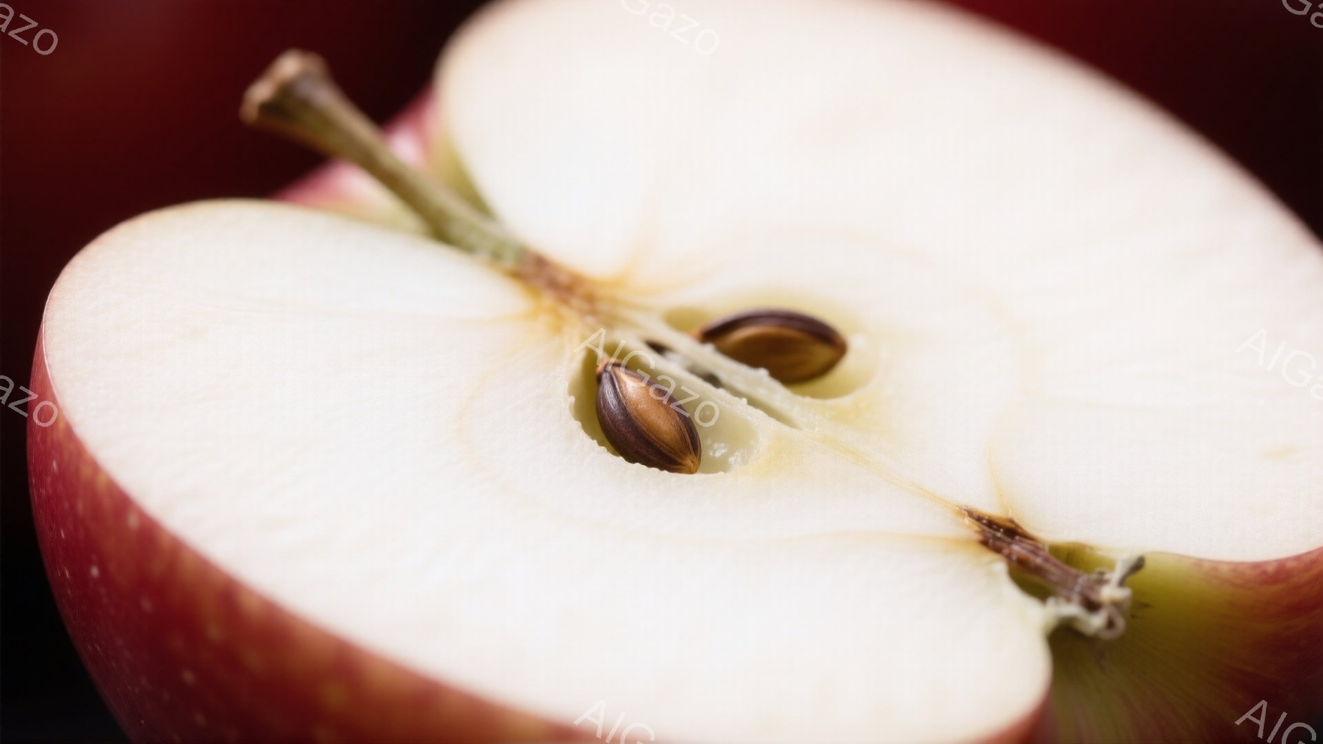 真っ赤なリンゴが半分にカットされ、種が二つ見えるクローズアップ写真です。リンゴの果肉は白く、種は茶色で、リンゴの芯の部分がわずかに残っています。背景は暗く、リンゴの色が際立っており、新鮮さと自然の雰囲 - AI生成フリー素材