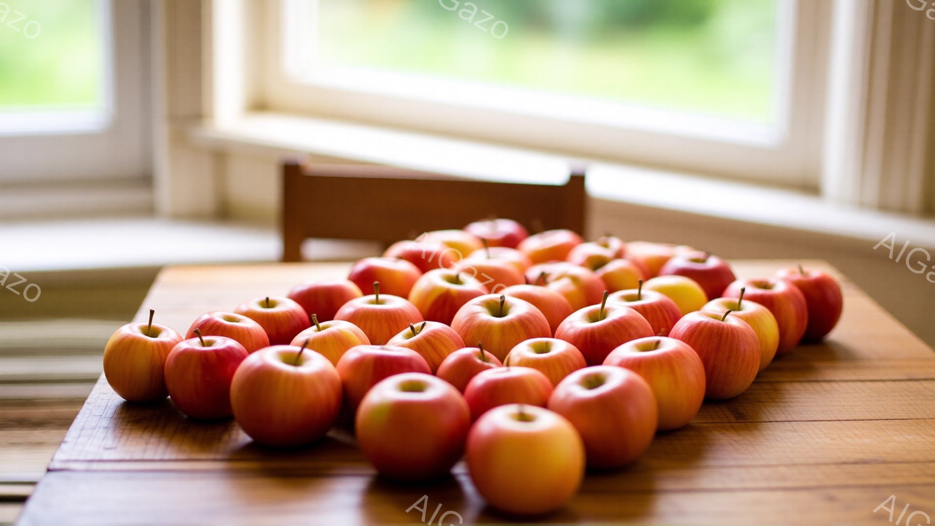 画像には、木製のテーブルの上に赤と黄色のりんごが並べられています。背景には窓があり、その外には緑豊かな自然が見えます。全体的に、暖かく、素朴で、落ち着いた雰囲気です。