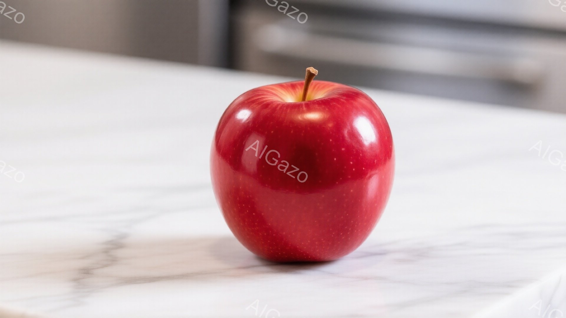 真っ赤なリンゴが、白い大理石のような台の上に置かれている。リンゴの表面は滑らかで光沢があり、わずかに影が落ちている。背景はぼやけており、金属製の何かの表面が見えるが、リンゴが最も際立っている。