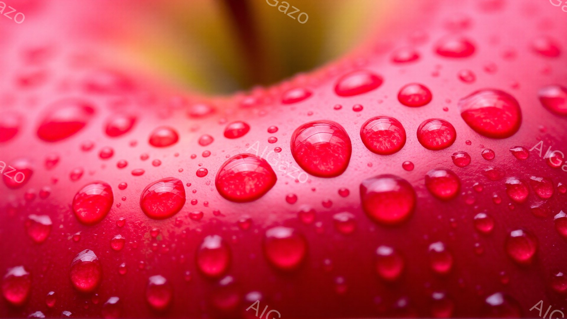 深い赤色の花びらが密集し、表面には小さな水滴が無数に付着しているクローズアップ写真です。水滴は光を反射して宝石のように輝き、花びらの鮮やかな色合いとコントラストを形成しています。全体的に、しっとりとした雰囲気で、自然の美しさを際立たせています。