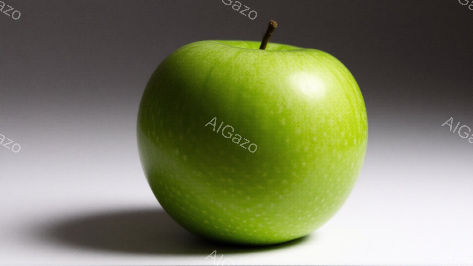 光沢のある緑色のリンゴが、白みがかった背景に浮かび上がっています。リンゴには小さな水滴がついており、新鮮さを強調しています。影がリンゴの右側に伸び、立体感を与え、全体的にシンプルでミニマルな印象です。 - AI生成フリー素材