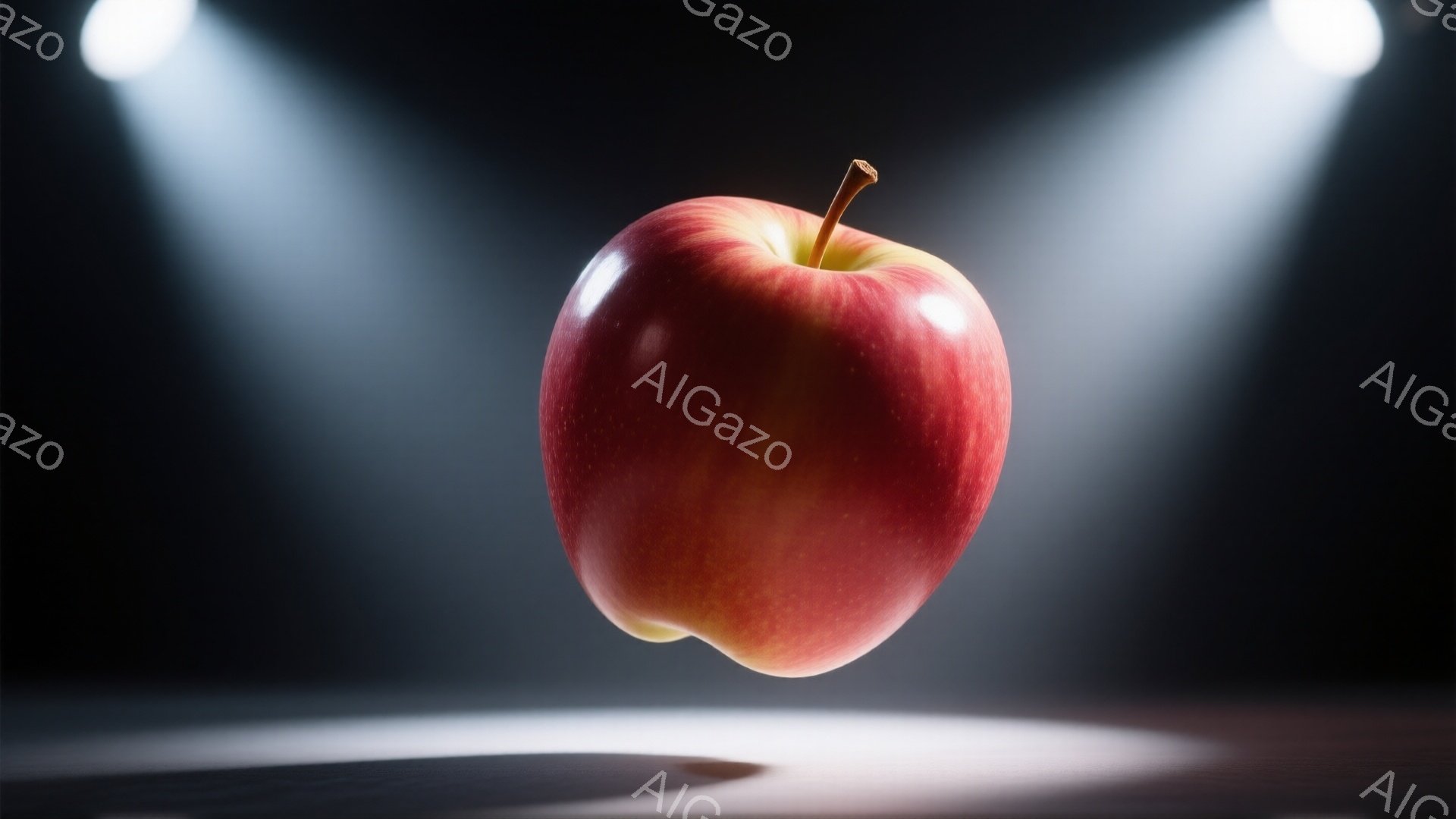 真っ赤なリンゴが暗い背景に浮かんでおり、スポットライトのような光が当たっています。リンゴの表面には光沢があり、わずかに影が落ちています。背景は黒く、リンゴが際立つように配置されており、シンプルで洗練さ - AI生成フリー素材
