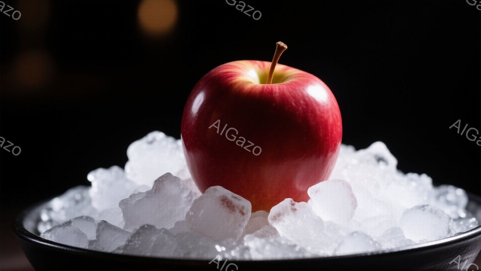 深い黒い皿の中に、氷が山のように積まれ、その上に鮮やかな赤いリンゴが置かれています。リンゴは光沢があり、鮮やかな赤色で、まるで宝石のように見えます。暗い背景がリンゴと氷のコントラストを際立たせ、ひんや - AI生成フリー素材