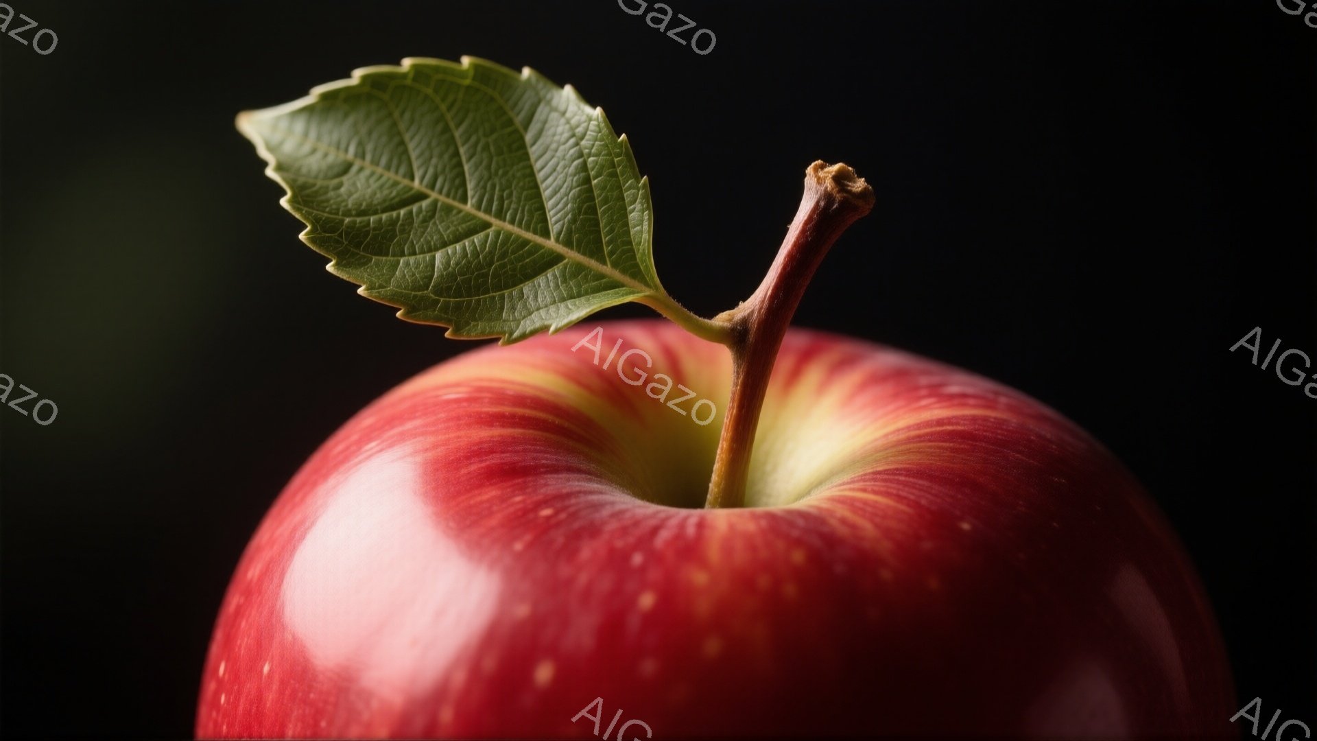 真っ赤なリンゴが画面の中心に大きく写っており、緑色の葉が茎とともに上部に伸びています。リンゴの表面は滑らかで、光沢があり、わずかに赤と黄色のグラデーションが見られます。暗い背景がリンゴの色を際立たせ、 - AI生成フリー素材