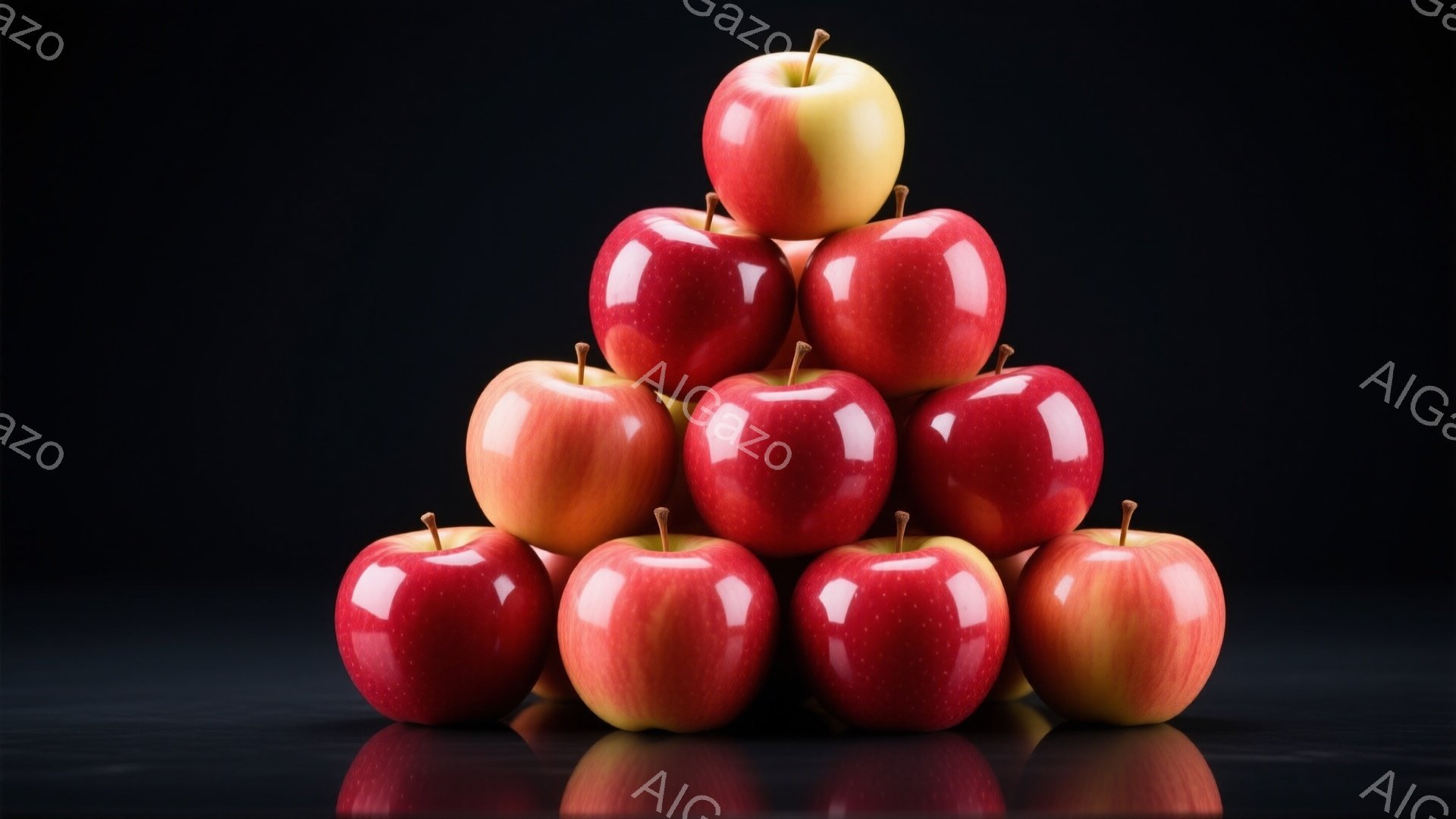 鮮やかな赤いリンゴがピラミッド状に積み重ねられています。リンゴはつややかで、表面には自然な赤と黄色のグラデーションが見られます。暗い背景に映え、光沢のある反射がリンゴの形を際立たせています。 - AI生成フリー素材