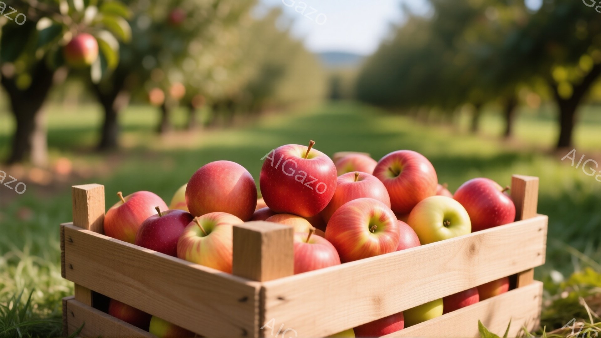 赤く熟したリンゴが木製の箱にたくさん詰まっています。箱は緑の草の上に置かれ、背景にはリンゴの木が並ぶ果樹園が広がっています。晴れた日の穏やかな光が差し込み、収穫の喜びを感じさせる温かい雰囲気です。
