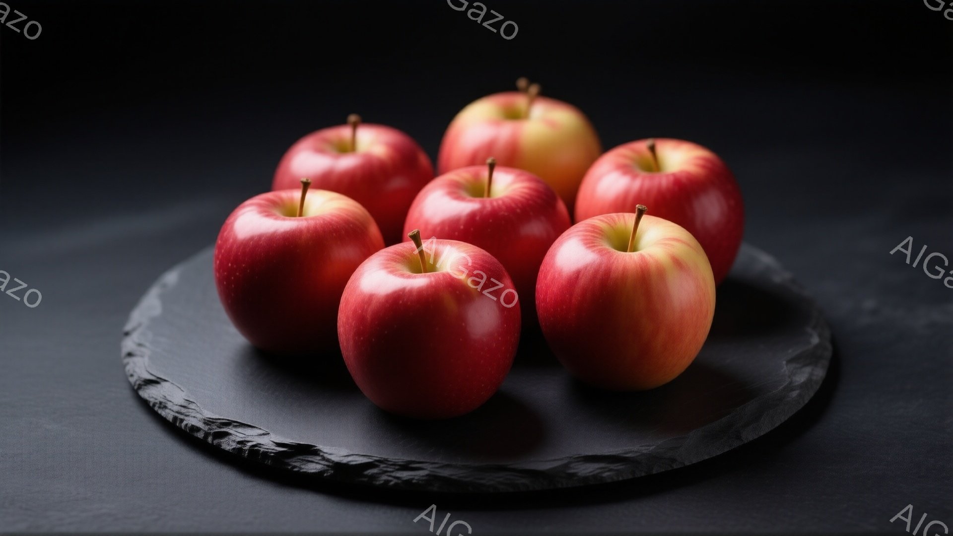 鮮やかな赤いリンゴが、黒色のスレートのような皿の上に並べられています。リンゴは全て丸みを帯びており、表面にはわずかな光沢が見られます。背景は暗く、リンゴの色が際立って見え、シンプルで洗練された雰囲気を醸し出しています。