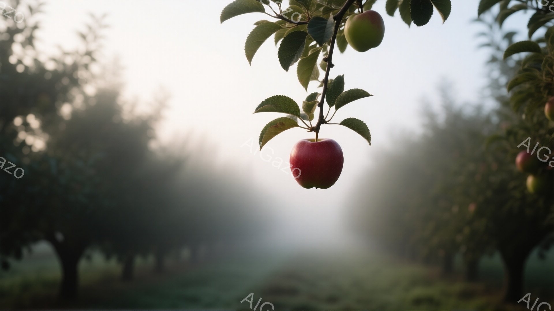 霧深い果樹園で、赤いリンゴが枝にぶら下がっている様子が捉えられている。背景にはぼんやりとした木々が見え、朝の静けさと湿った空気が伝わってくる。全体的に、自然の美しさと穏やかな雰囲気が漂う、静謐な光景である。