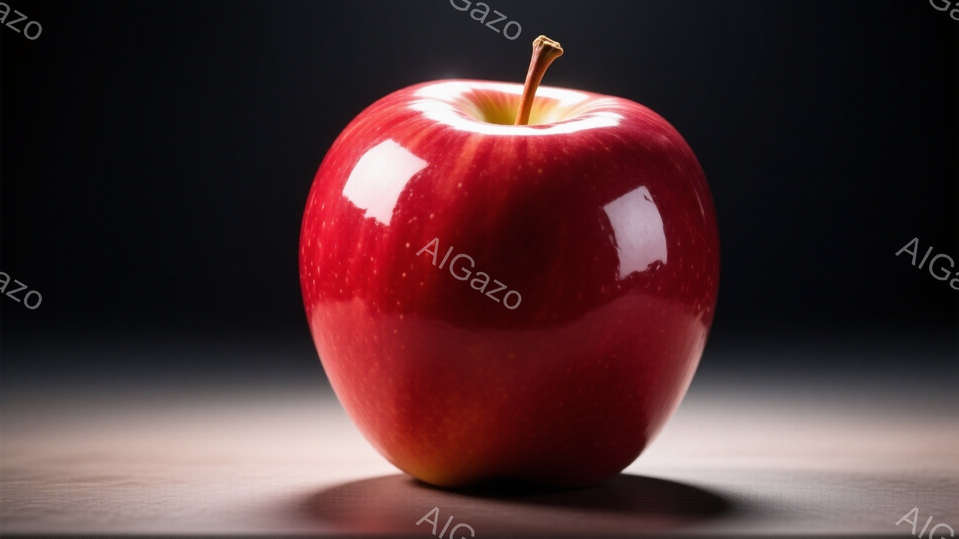 真っ赤なリンゴが、木製の台の上に置かれています。表面は光沢があり、わずかに反射が見られます。背景は暗く、リンゴが際立って見えます。 - AI生成フリー素材