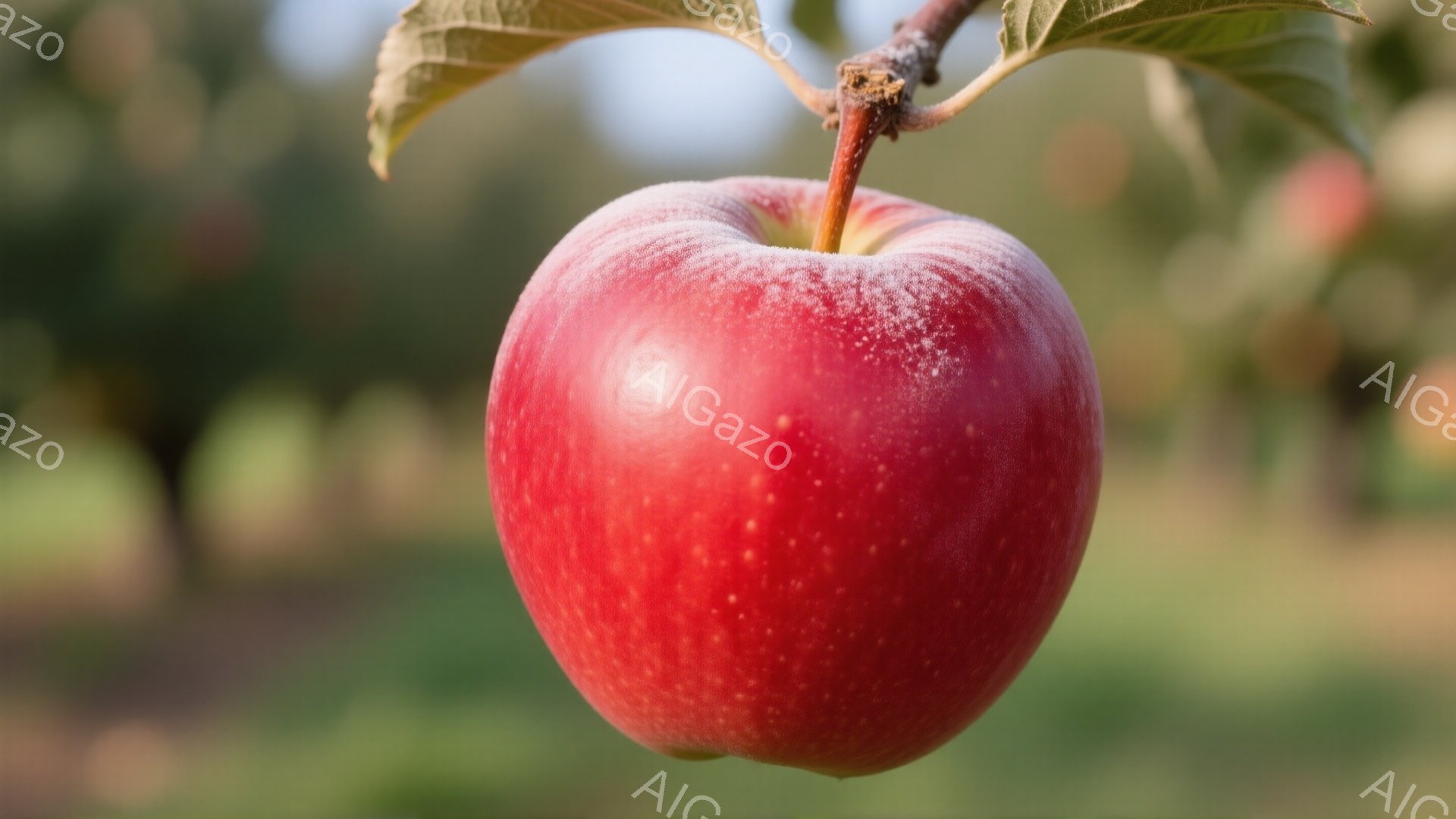 鮮やかな赤いリンゴが、枝についたまま写っている。リンゴの表面には白い霜が薄く積もり、冷たい空気を感じさせる。背景は緑色のぼやけた木々と空で、秋の庭園や果樹園の一場面を思わせる。