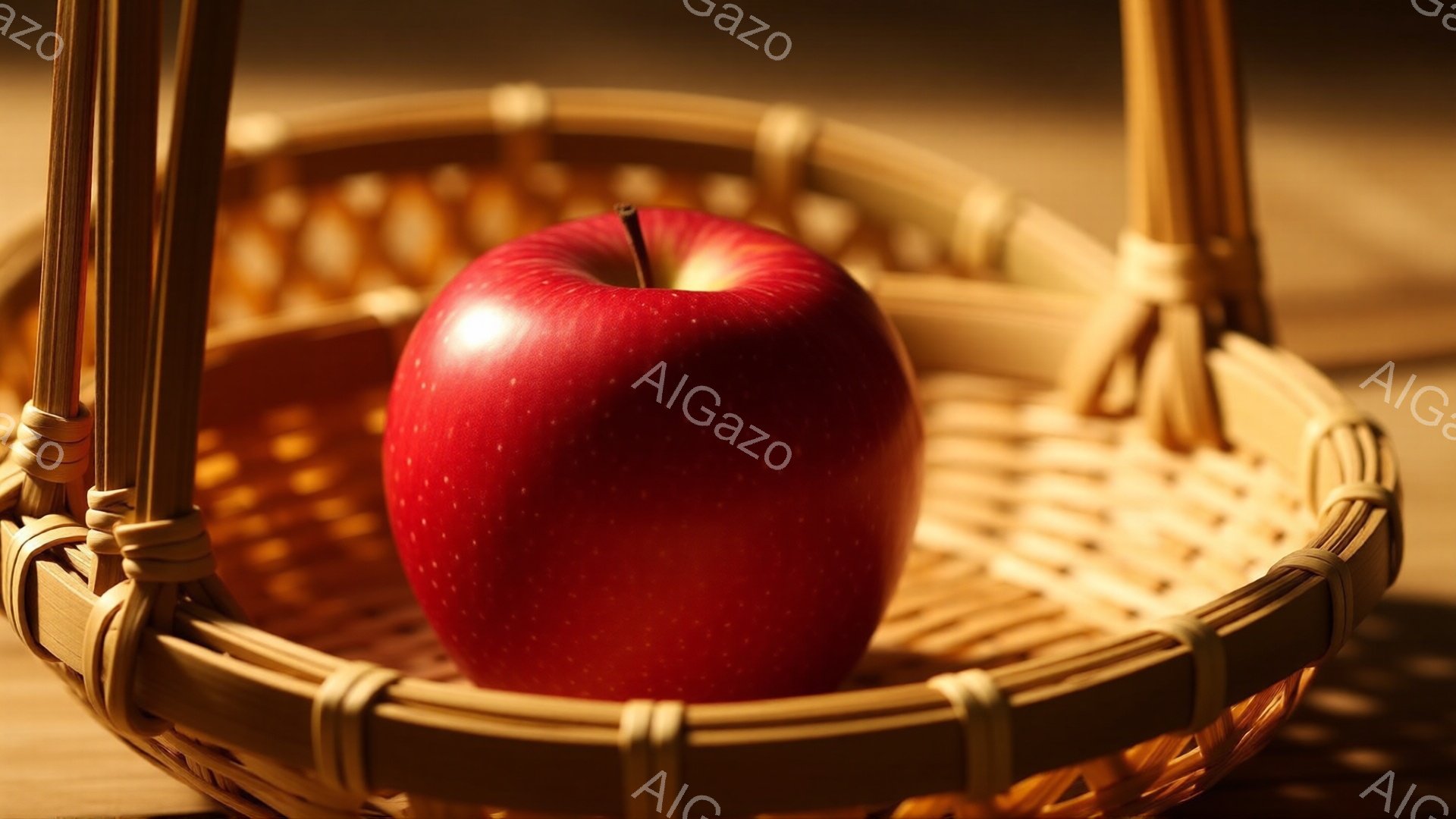 赤いリンゴが竹籠の中に置かれています。籠は編み込まれた模様が特徴的で、光沢のある木製の台の上に置かれています。全体的に暖色系のトーンで、落ち着いた静謐な雰囲気が漂っています。