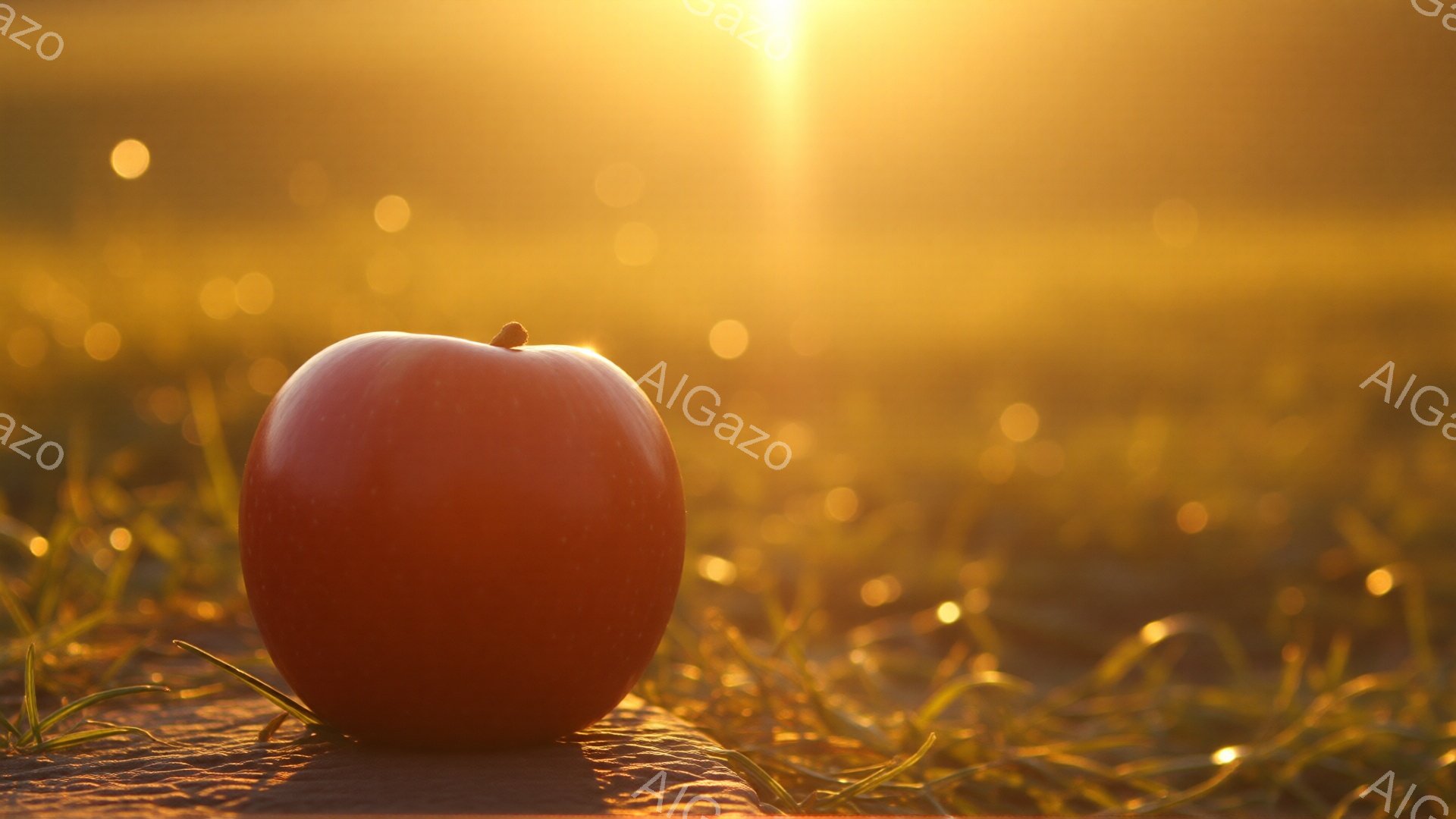 真っ赤なリンゴが、緑色の草の上に置かれている。背景は夕焼けのようなオレンジ色の光で満たされ、ぼやけた光の粒子が漂っている。全体的に暖かく、穏やかな雰囲気が漂っており、秋の収穫を思わせるような、ノスタルジックなイメージを喚起する。