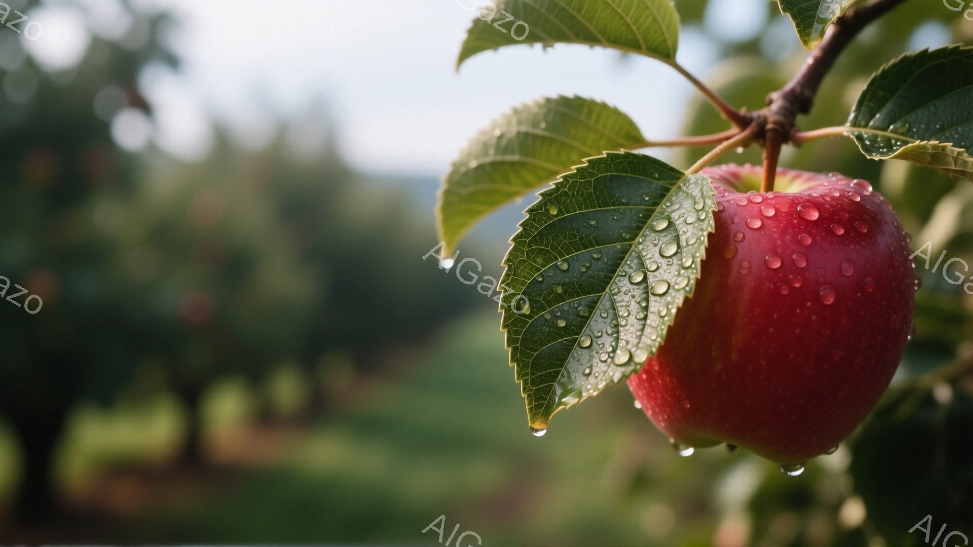 鮮やかな赤いリンゴが、葉と枝についたまま雨粒をまとっている様子が捉えられている。背景は緑豊かな自然で、ぼやけた木々や植物が見え、雨上がりの静かで穏やかな雰囲気を醸し出している。葉の表面に光る水滴が、雨 - AI生成フリー素材