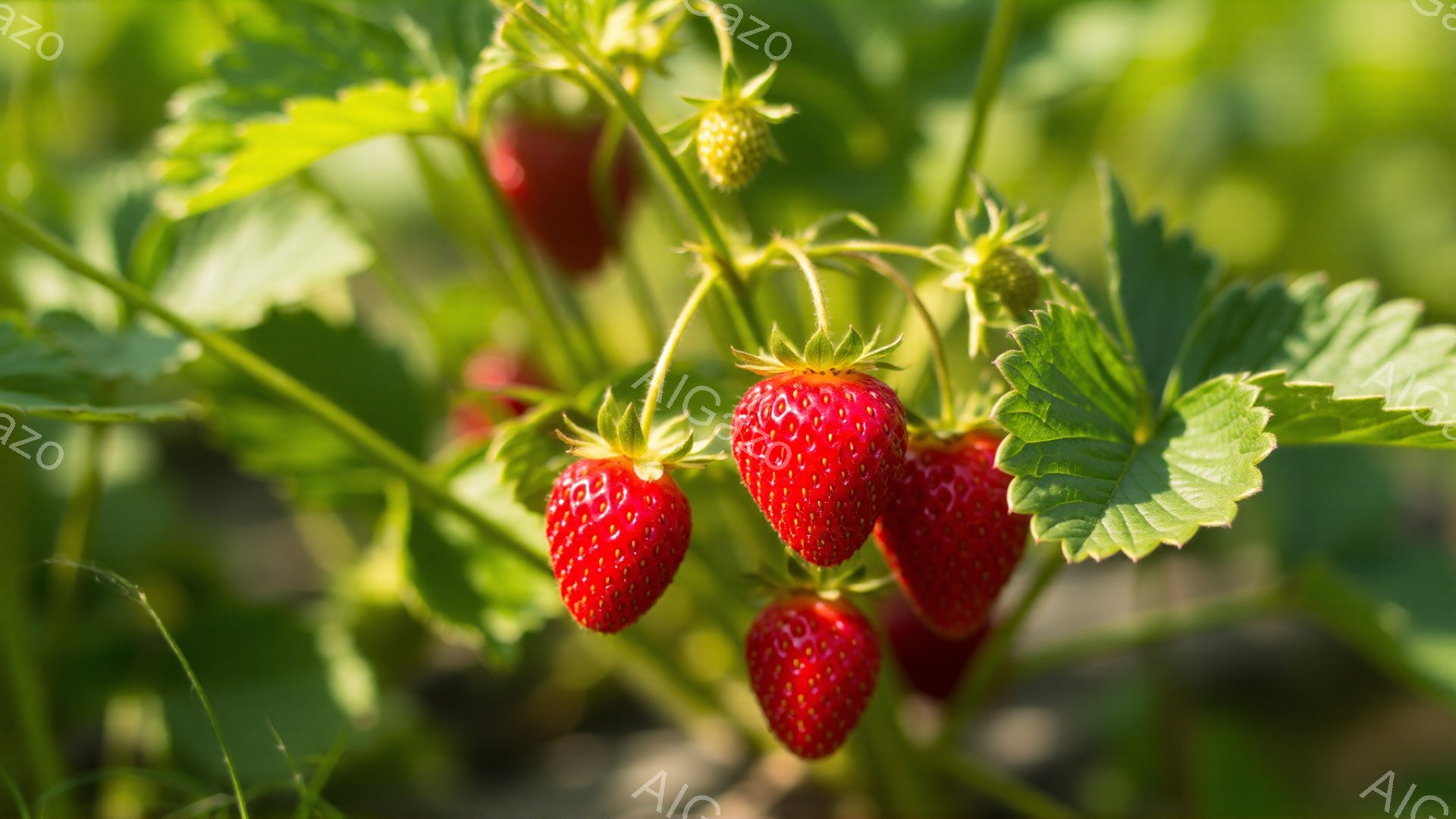 鮮やかな赤いイチゴが、緑色の葉に囲まれて茂っています。まだ青いイチゴの実もいくつか見られ、成長の段階がわかります。背景はぼやけており、自然光が差し込み、全体的に瑞々しく生命力にあふれた印象です。 - AI生成フリー素材