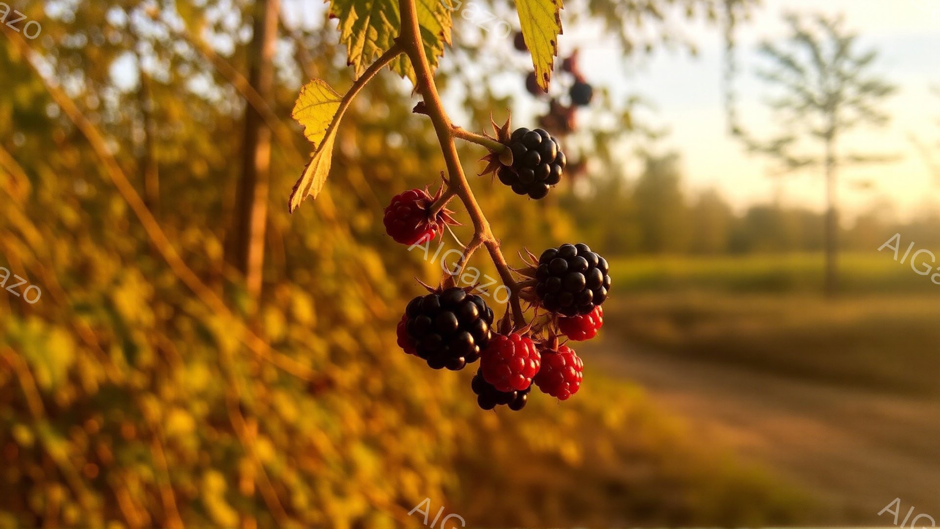 熟したブラックベリーが茎に実り、その一部は鮮やかな赤色、一部は深い紫色に染まっています。背景は黄金色の夕日に照らされた草木で、ぼやけた道が奥へと続いており、穏やかで暖かい雰囲気を醸し出しています。光の加減と植物の色彩が、秋の日の静けさを表現しています。