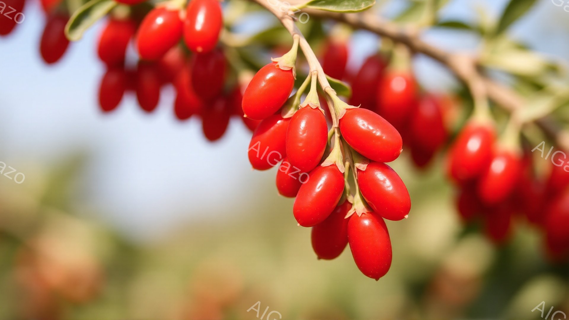 鮮やかな赤い実が枝に密集してぶら下がっている様子が捉えられています。背景はぼやけており、自然光の中で葉がわずかに見え、実の鮮やかさを際立たせています。全体的に、自然の恵みが感じられる、明るく穏やかな雰囲気です。