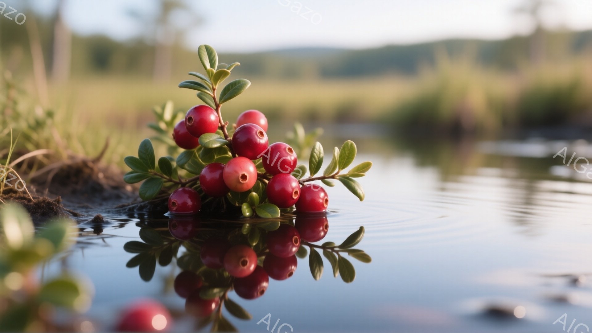 赤い実が枝について水面に浮かんでおり、その鮮やかな赤い色が水面に反射して美しい光景を作り出している。背景は緑豊かな植生とぼやけた遠景で、穏やかな自然の雰囲気が漂う。水面の波紋が、静けさの中にわずかな動 - AI生成フリー素材