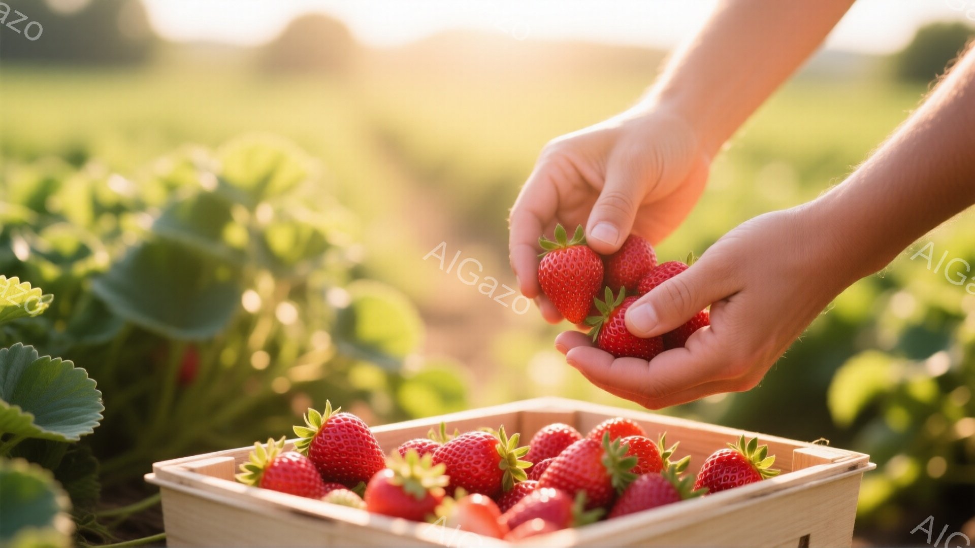 鮮やかな赤いイチゴが木製の箱にたくさん並べられています。手は数個のイチゴを選び、空中に掲げています。背景には緑豊かなイチゴ畑が広がり、暖かい日差しが差し込んで、穏やかで収穫の喜びを感じさせる雰囲気です。