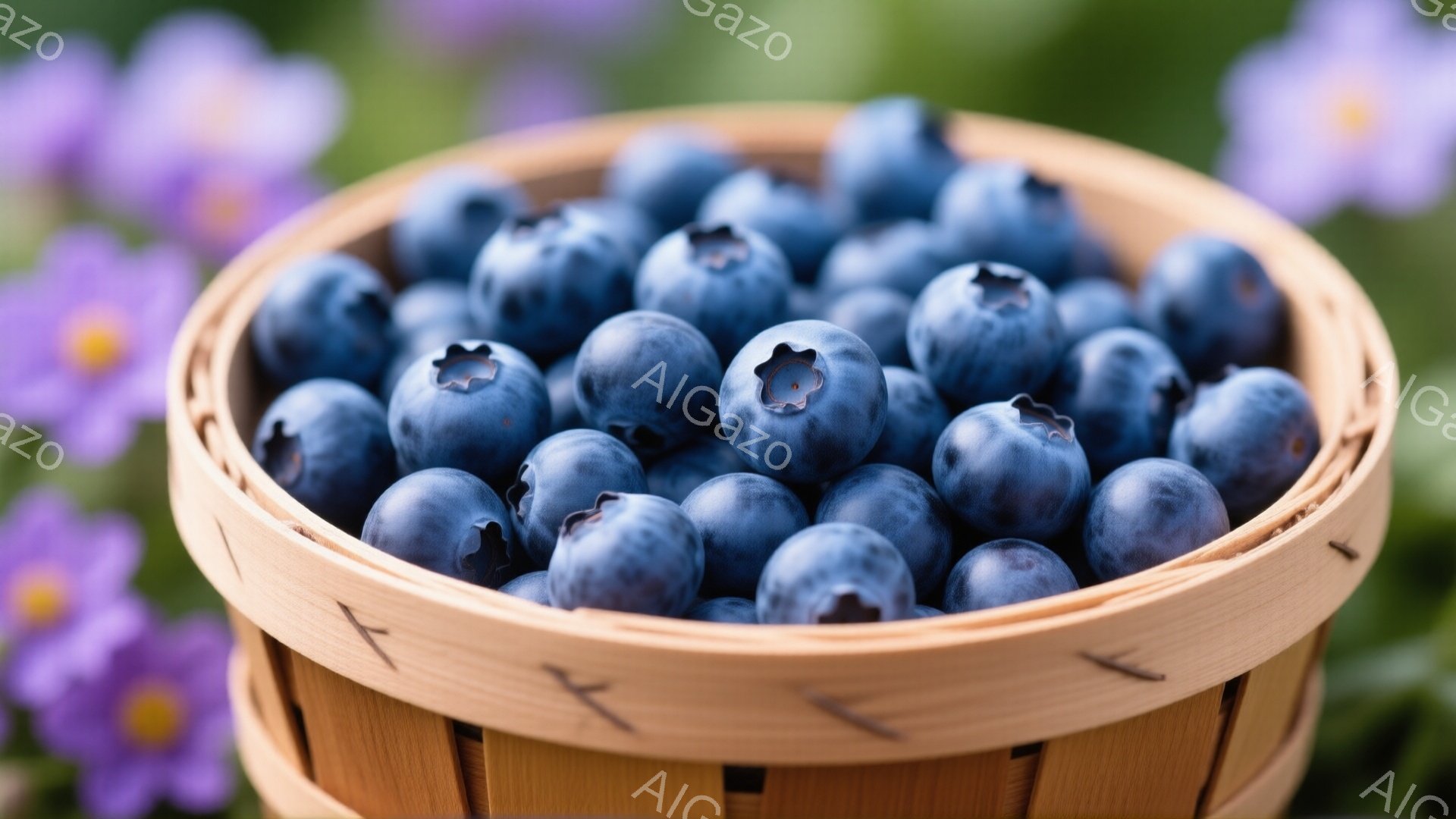 籠の中にたっぷりとブルーベリーが詰まっている写真です。背景には紫色の花がぼんやりと見え、明るい日差しが差し込んでいるようです。全体的に、新鮮な果実の豊かさと、穏やかな自然の雰囲気が感じられます。