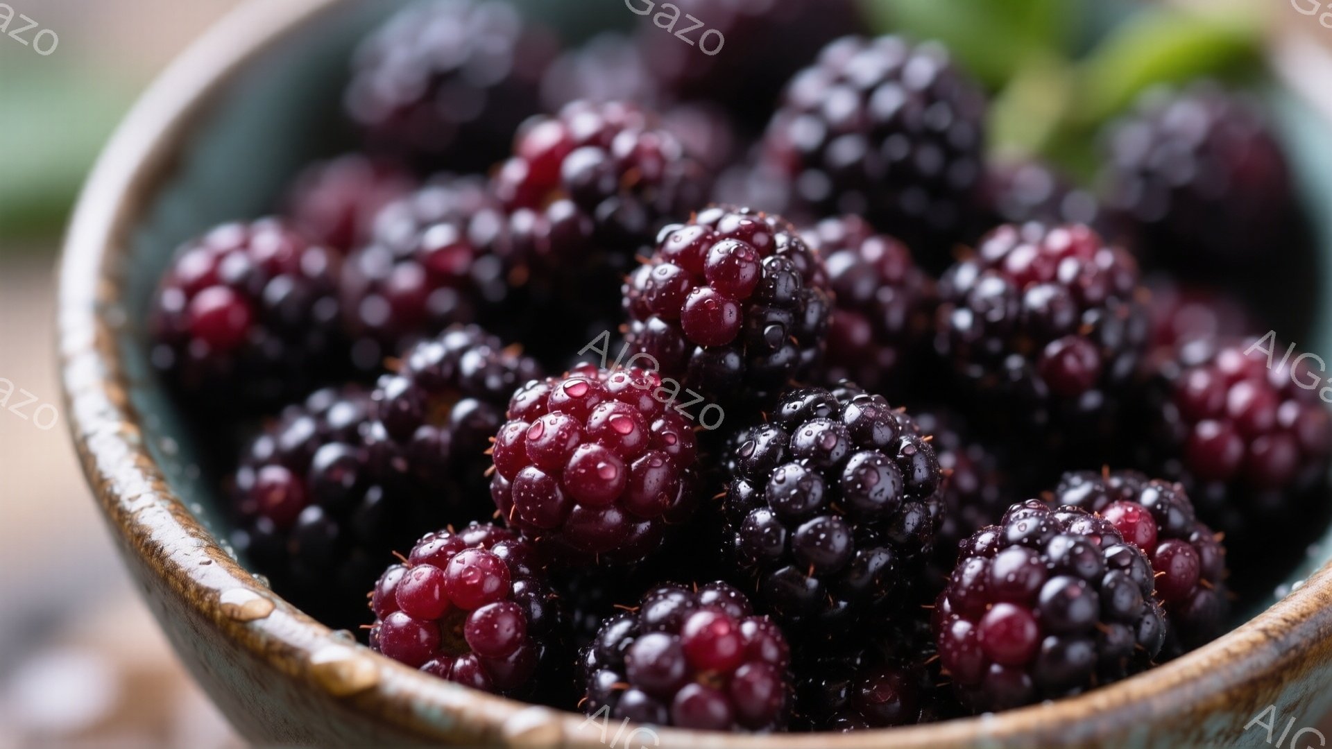 熟したブラックベリーが、少し緑がかった陶器のボウルにたっぷり詰まっています。ベリーは丸く、表面に小さな粒があり、深みのある紫色から黒色をしており、新鮮でジューシーな印象を与えます。背景はぼやけていますが、木製のテーブルのような暖かみのある質感が感じられます。