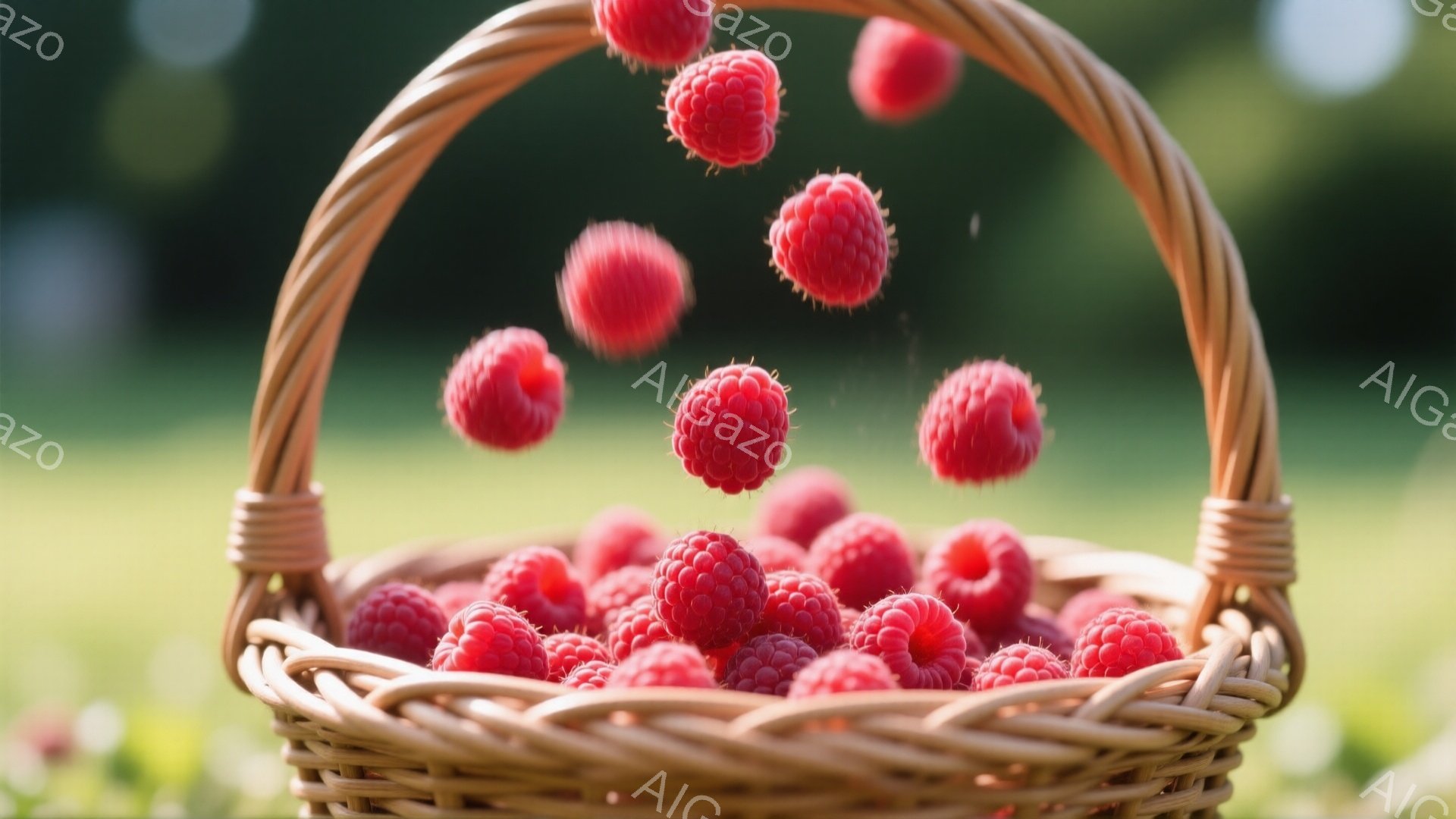 籠の中にたくさんの赤くて熟したラズベリーが詰まっており、数個は空中に舞い上がっている様子が写っている。背景は緑色のぼやけた自然で、おそらく牧草地か森林で、暖かく穏やかな雰囲気を醸し出している。この写真 - AI生成フリー素材