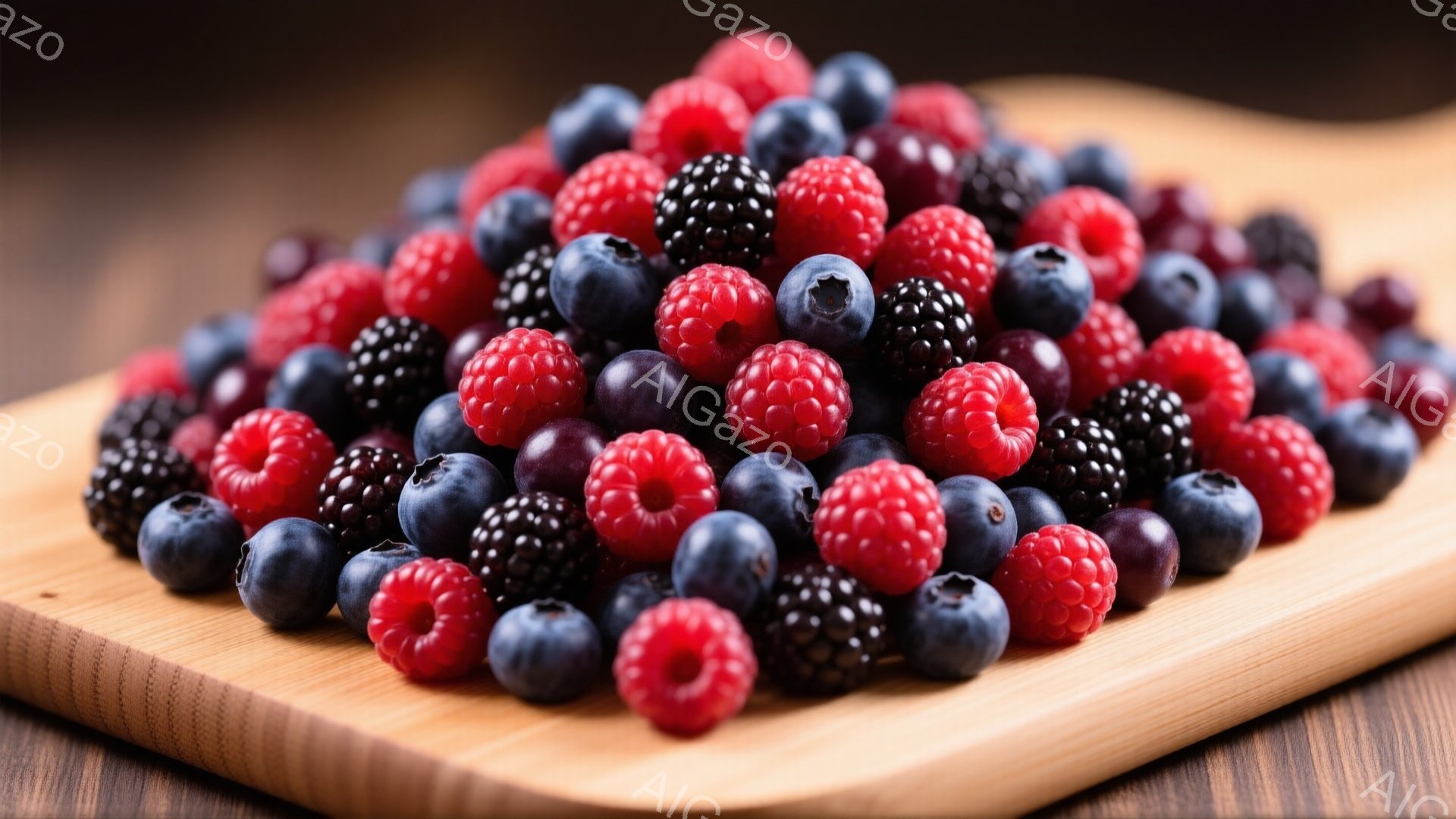 鮮やかなラズベリー、ブルーベリー、ブラックベリーが木製の板の上に盛られています。果物は様々な色合いで、赤、青、黒が混ざり合い、自然な美しさを際立たせています。背景は暗めで、果物の色がより一層引き立ち、全体的に食欲をそそる雰囲気です。