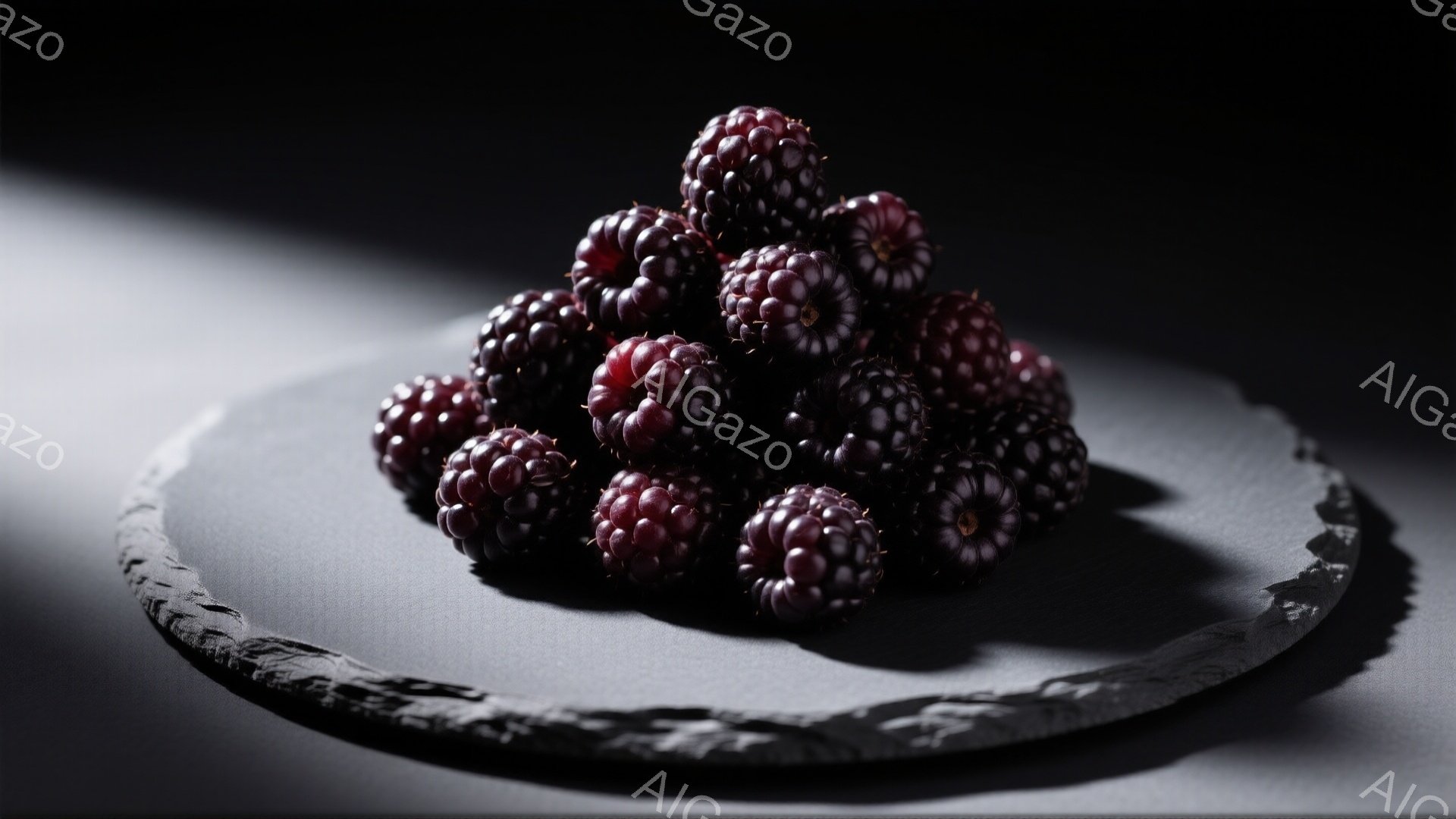 漆黒の背景に、熟したブラックベリーが盛り付けられた黒い石板のような皿が写っている。ベリーは丸みを帯びており、表面には小さな粒が見え、光を受けて艶やかに輝いている。全体的に暗く、ドラマチックな雰囲気で、ベリーの存在感が際立っている。