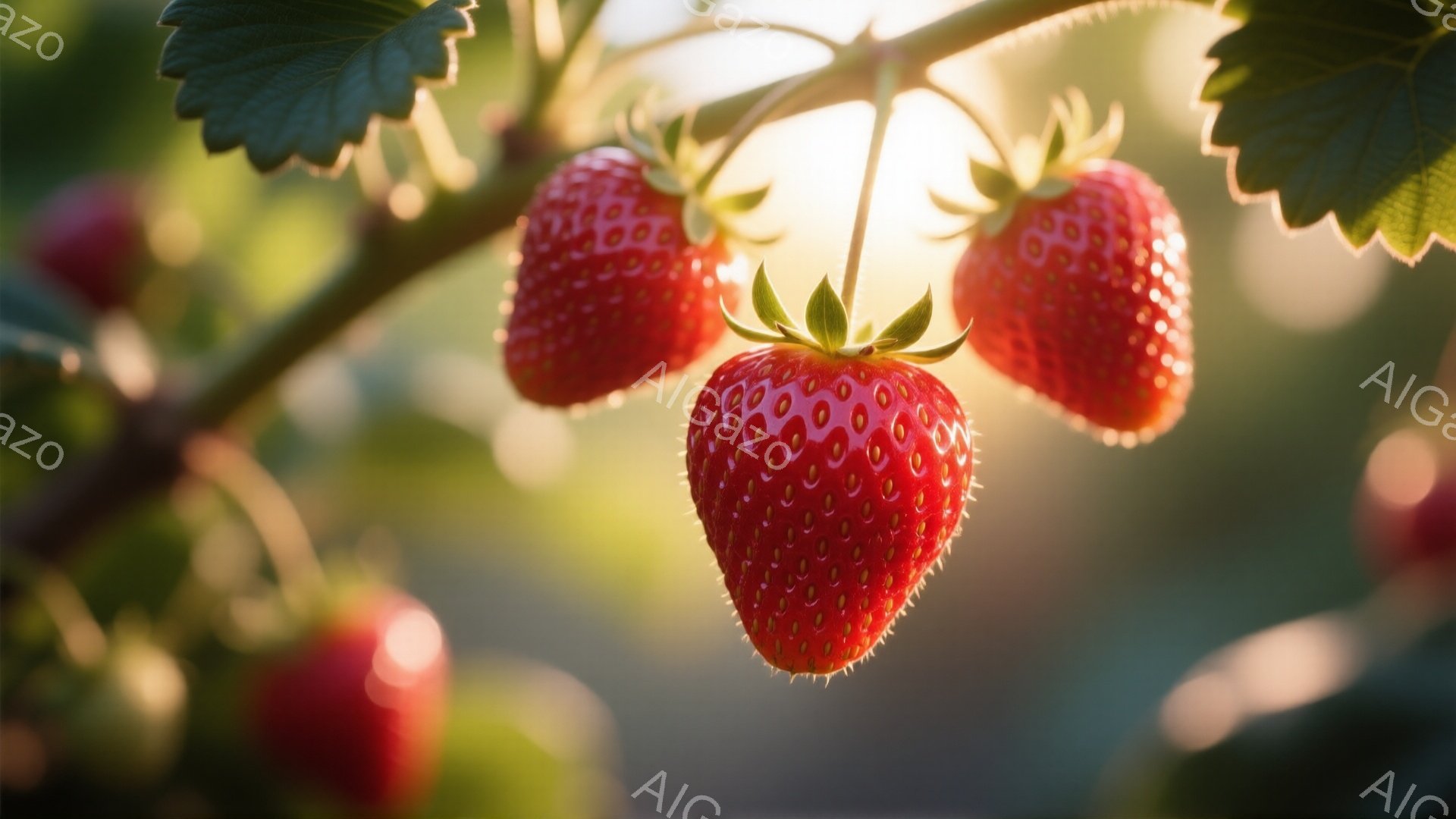 鮮やかな赤色のいちごが、緑の葉に囲まれて枝に実っています。背景はぼやけており、太陽の光が差し込み、全体的に暖かく柔らかな印象を与えています。いちごの表面には小さな種が規則的に並び、瑞々しさが感じられます。