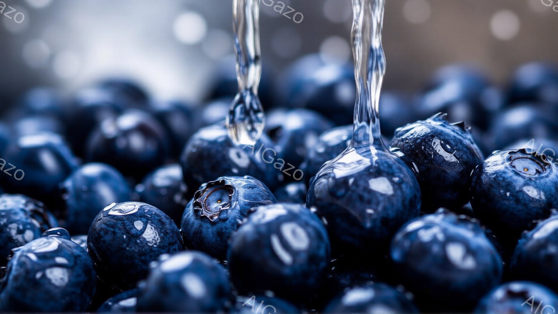 鮮やかな青いブルーベリーが密集して写っており、上から水が滴り落ちています。果実はみずみずしく、光沢があり、しっとりとした質感が強調されています。背景はぼやけており、ブルーベリーの濃い色が際立っています - AI生成フリー素材