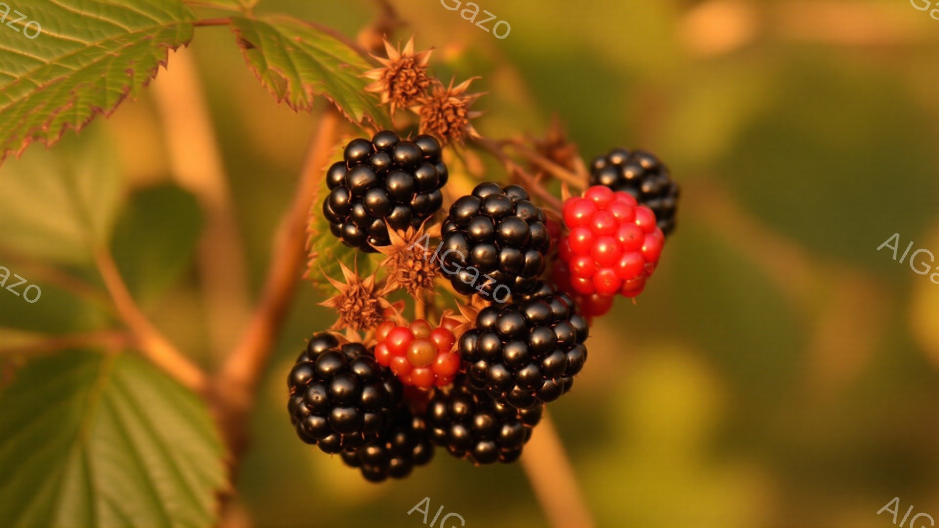 熟したブラックベリーとラズベリーが枝に密集してぶら下がっている様子が捉えられています。鮮やかな赤色のラズベリーと黒色のブラックベリーのコントラストが目を引き、葉は緑色で健康そうに見えます。背景はぼやけており、暖かく柔らかい光が全体を包み込み、自然の恵みが感じられる穏やかな雰囲気です。