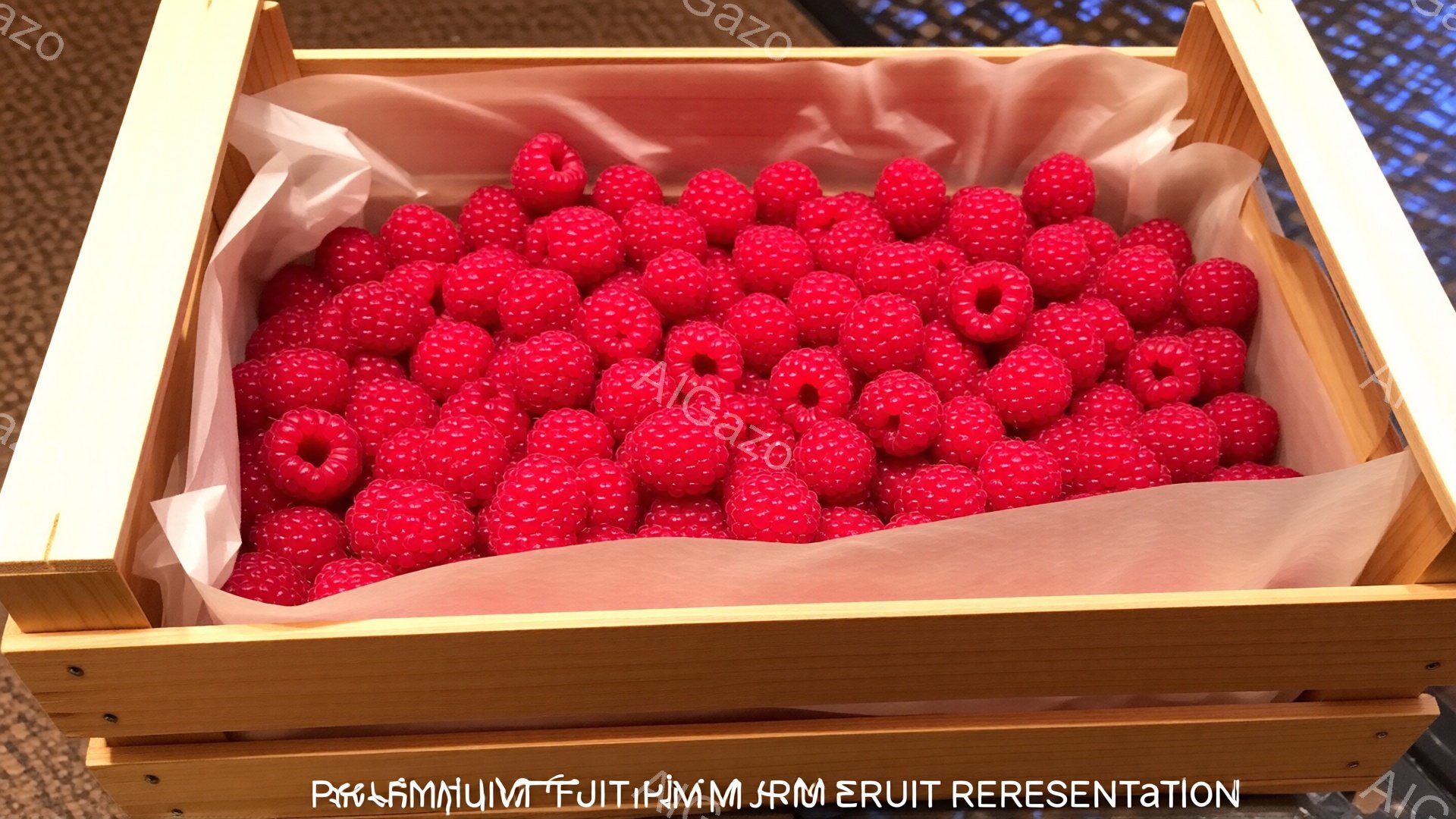 赤い木製の箱の中に、たくさんの赤く熟したラズベリーがぎっしりと詰まっています。ラズベリーは丸く、みずみずしそうで、美味しそうに見えます。箱は簡素な木製で、背景はぼやけており、ラズベリーが主役になってい - AI生成フリー素材