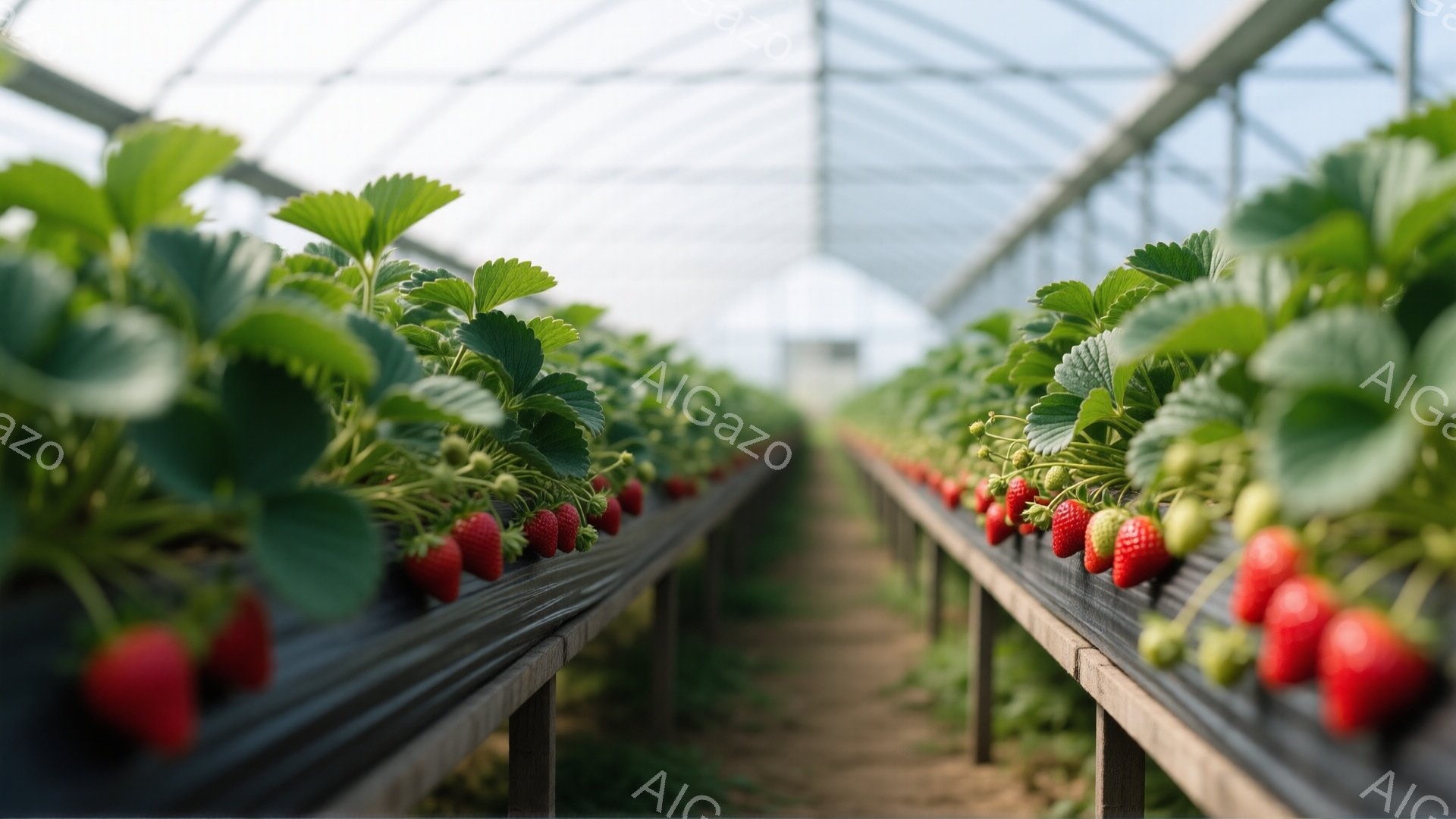 鮮やかな赤色のいちごが、整然と並んだ栽培棚にたくさん実っている様子が写っている。棚は土の道に沿って伸びており、遠近法によって奥行きが強調されている。背景には、透明なビニールハウスの骨組みが見え、明るい光が差し込んでいるため、全体的に爽やかで健康的な雰囲気を醸し出している。