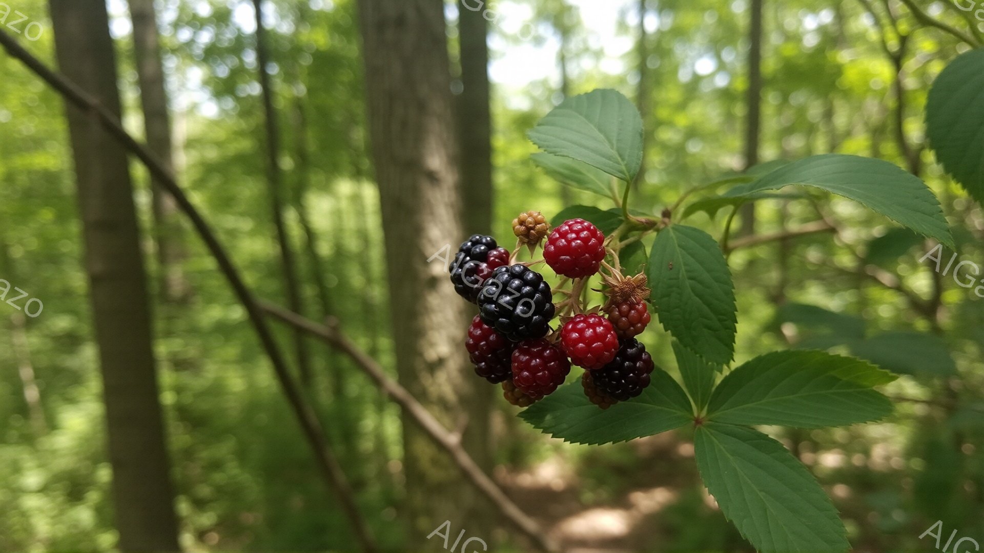 鮮やかな緑の葉に、熟した黒い桑の実が実っている様子が捉えられています。背景にはぼやけた木々の緑が広がり、穏やかな自然の雰囲気が漂っています。光が差し込み、葉や実のテクスチャが強調されており、自然の美しさが際立っています。