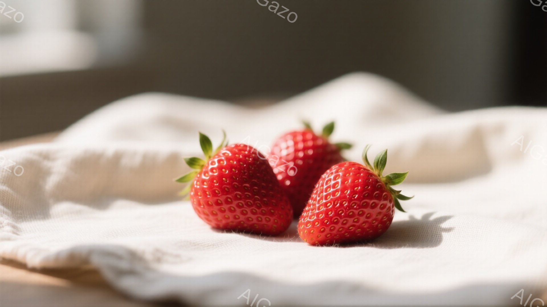鮮やかな赤色のいちごが三つ、白く皺の入った布の上に並んでいる。光が左から差し込み、いちごの表面の粒々や葉の影を強調している。全体的に柔らかく、暖かく、食欲をそそる雰囲気で、背景はぼやけている。 - AI生成フリー素材