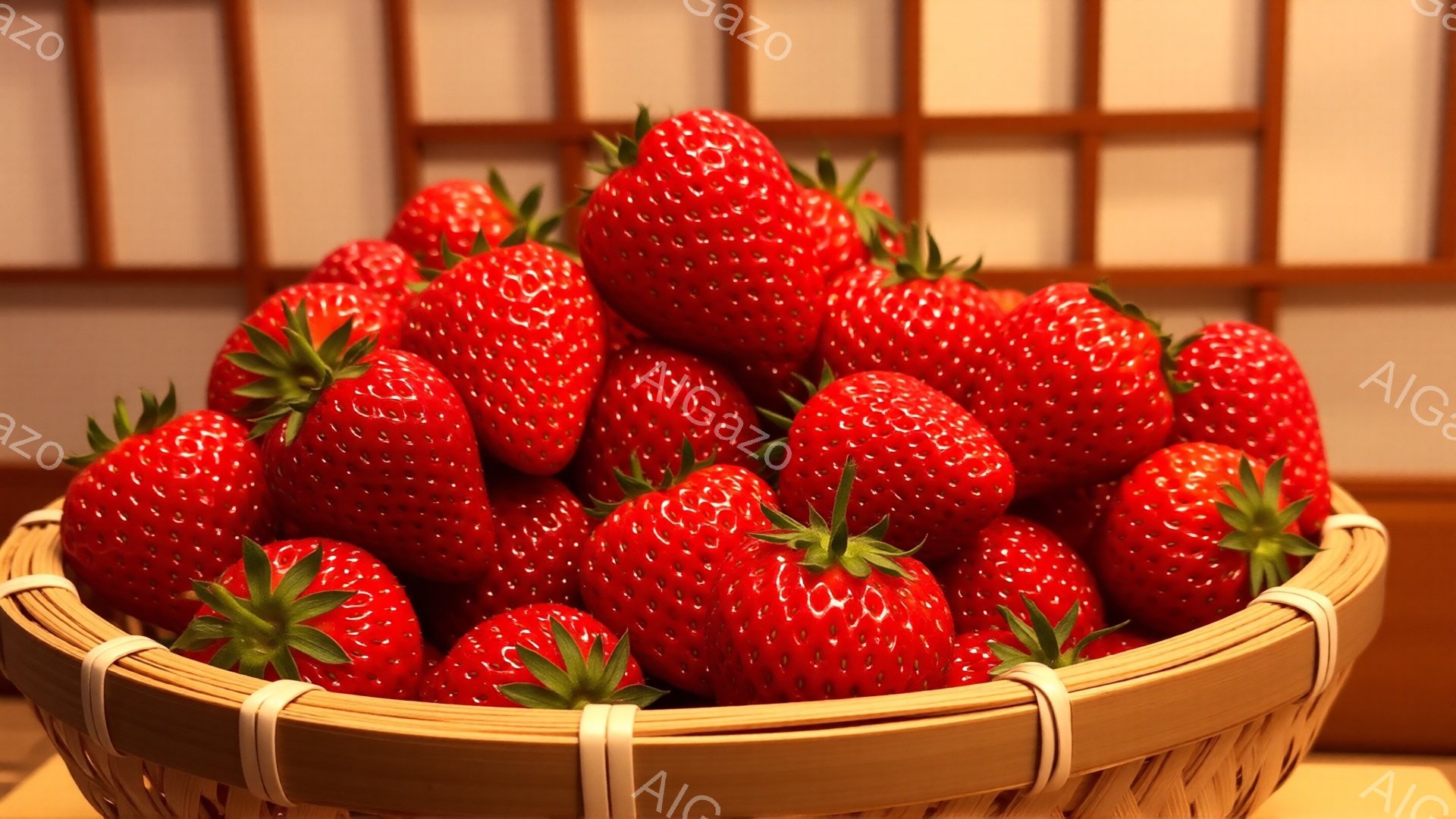 籠の中に真っ赤で艶やかなイチゴがぎっしりと詰まっています。イチゴは緑色の葉っぱを乗せて、みずみずしい様子がよくわかります。背景には木製の格子模様があり、温かく素朴な雰囲気を醸し出しています。