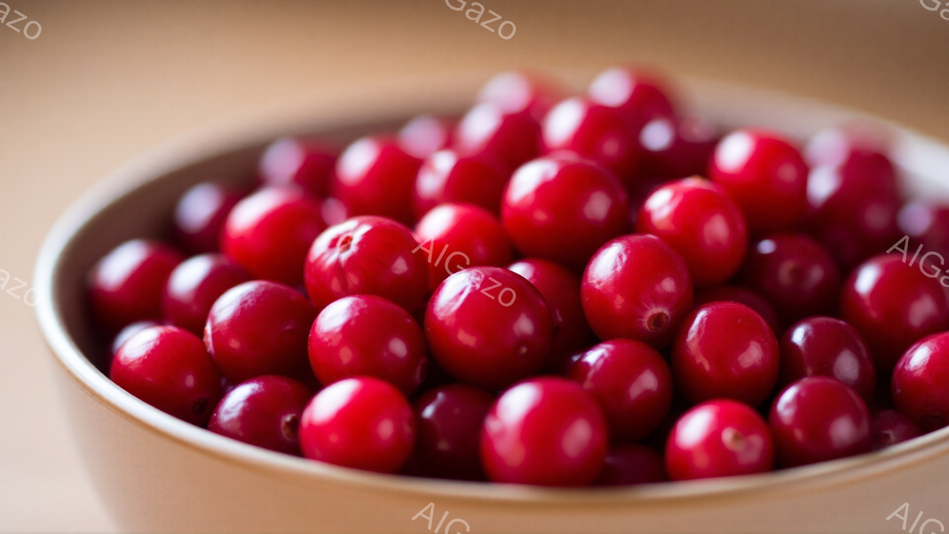 この画像は、明るい色のボウルに詰まった、鮮やかな赤いクランベリーのクローズアップ写真です。クランベリーは丸く、つやがあり、密集して配置されており、新鮮さと豊かさを表現しています。背景はぼやけており、クランベリーが主な焦点となっています。