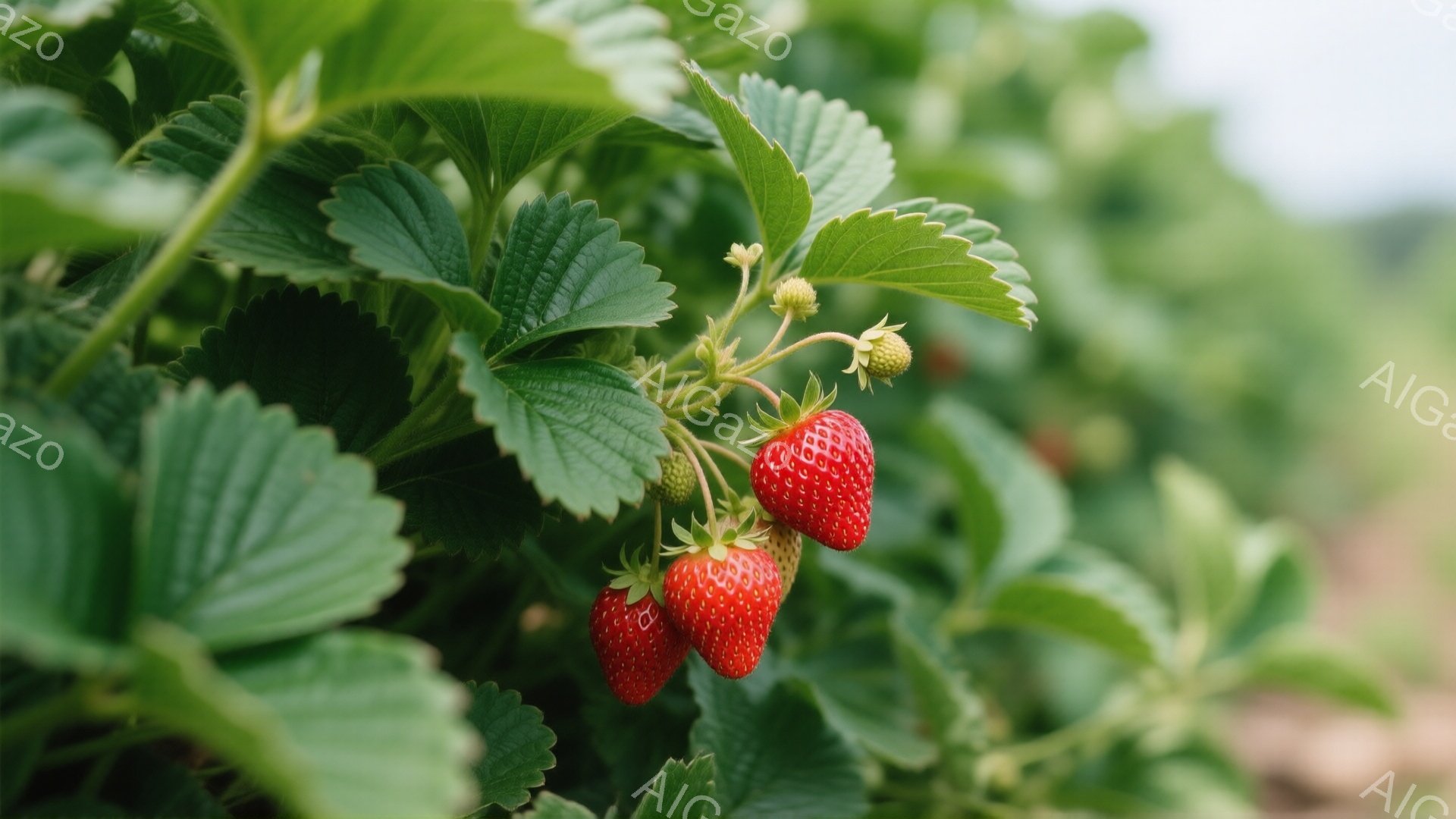 鮮やかな緑の葉に実った赤いイチゴが３つ、枝にぶら下がっている様子が捉えられている。イチゴはつややかで瑞々しく、熟した赤色が食欲をそそる。背景には、さらに多くのイチゴの葉が見え、広大な畑の一角であることがわかる。