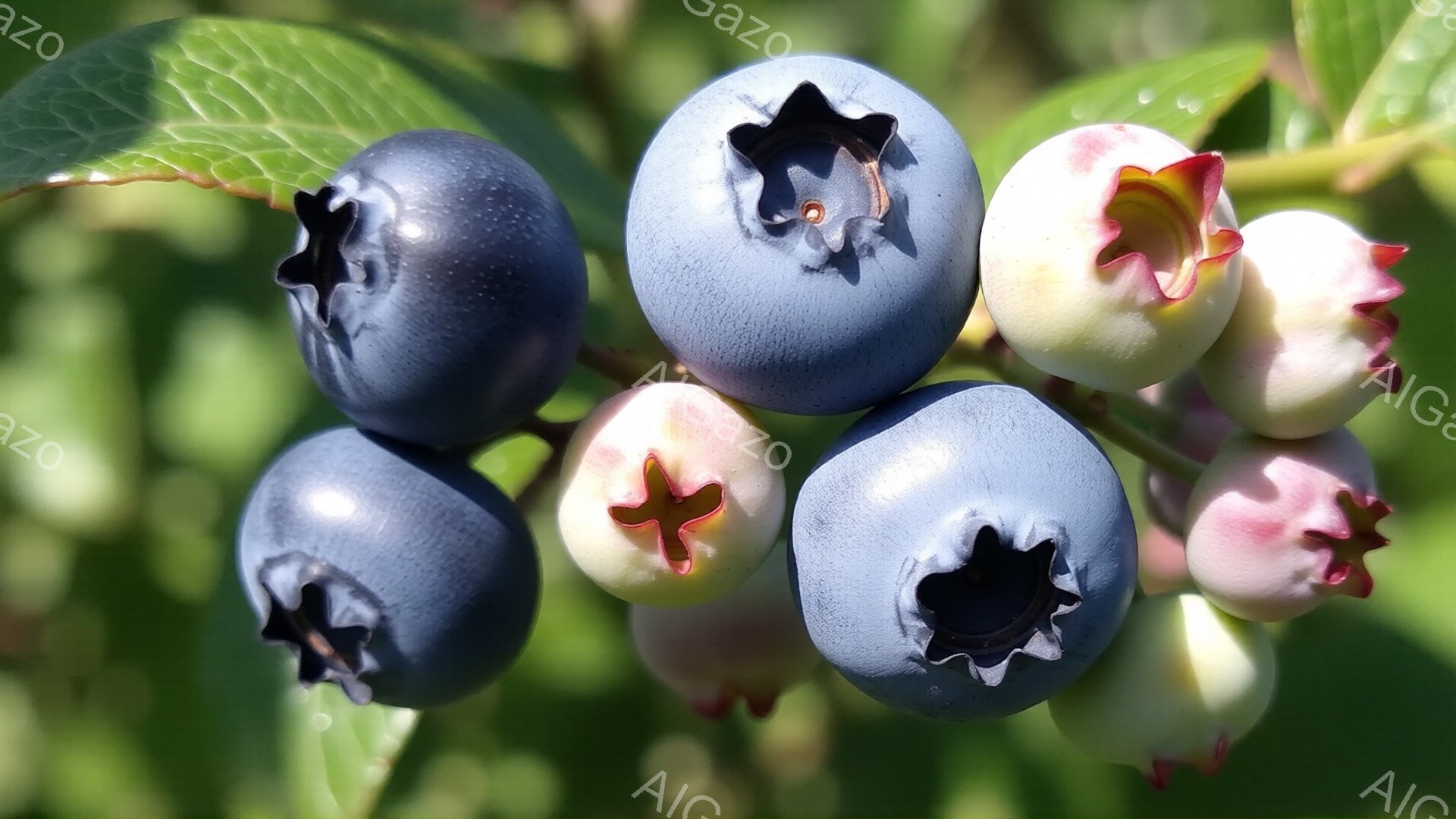 鮮やかな緑の葉に囲まれた、熟したブルーベリーがいくつか写っている。ブルーベリーは濃い青色から、まだ緑がかったもの、そして赤みがかった白い部分が見える未熟な実まで、様々な段階で熟している様子がわかる。背 - AI生成フリー素材