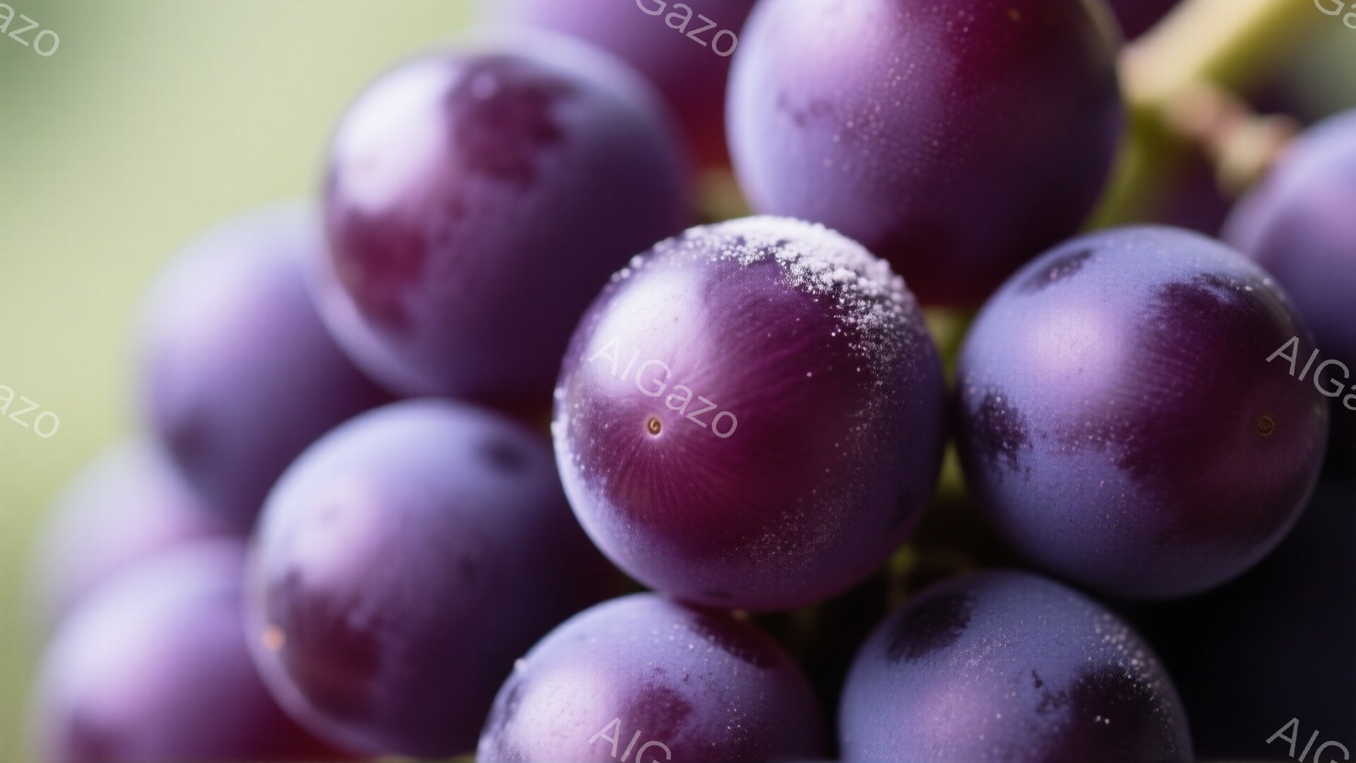 濃い紫色のぶどうが密集して写っており、表面には白い粉状のものが付着している。背景はぼやけた緑色で、自然光が当たっているように見える。全体的に、新鮮でみずみずしい果物の雰囲気が伝わってくる。 - AI生成フリー素材