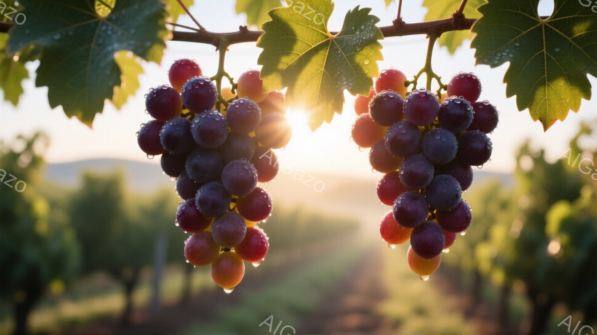 房のブドウが2つ、緑の葉に囲まれてぶら下がっている。ブドウは紫から赤色のグラデーションで、雫が表面に輝いている。背景には、ぼやけた緑の畑と、夕暮れ時の太陽が暖かく照らし出す光が広がり、穏やかな雰囲気を醸し出している。