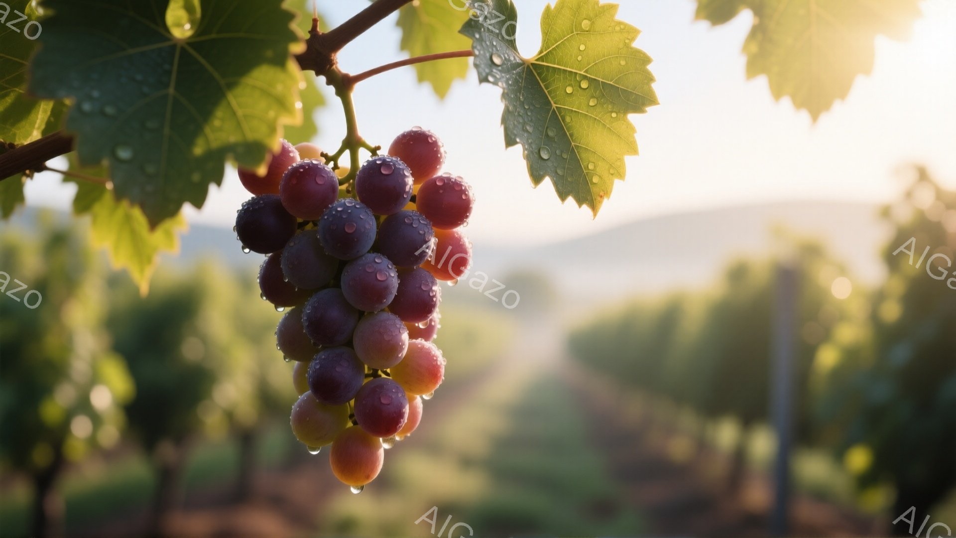ぶどうの房が、緑の葉に囲まれて太陽の光を浴びています。葉やぶどうには水滴が付き、まるで雨上がりの朝のような清々しい印象を与えます。背景にはぼんやりとした緑の丘陵地帯が広がり、穏やかで平和な雰囲気を醸し - AI生成フリー素材